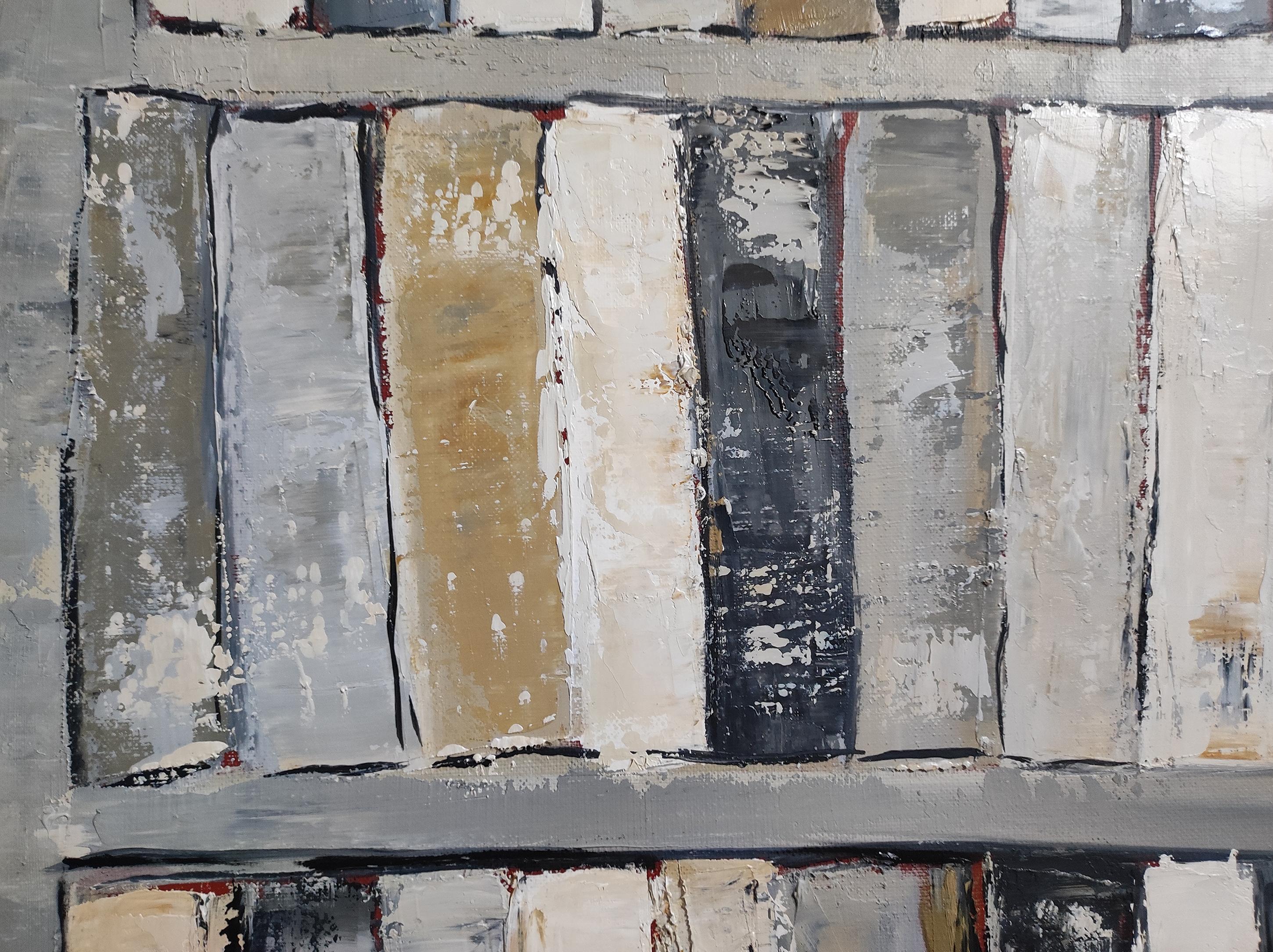 Les ombres du savoir , abstract, gray, oil, books, expressionism, geometric For Sale 2