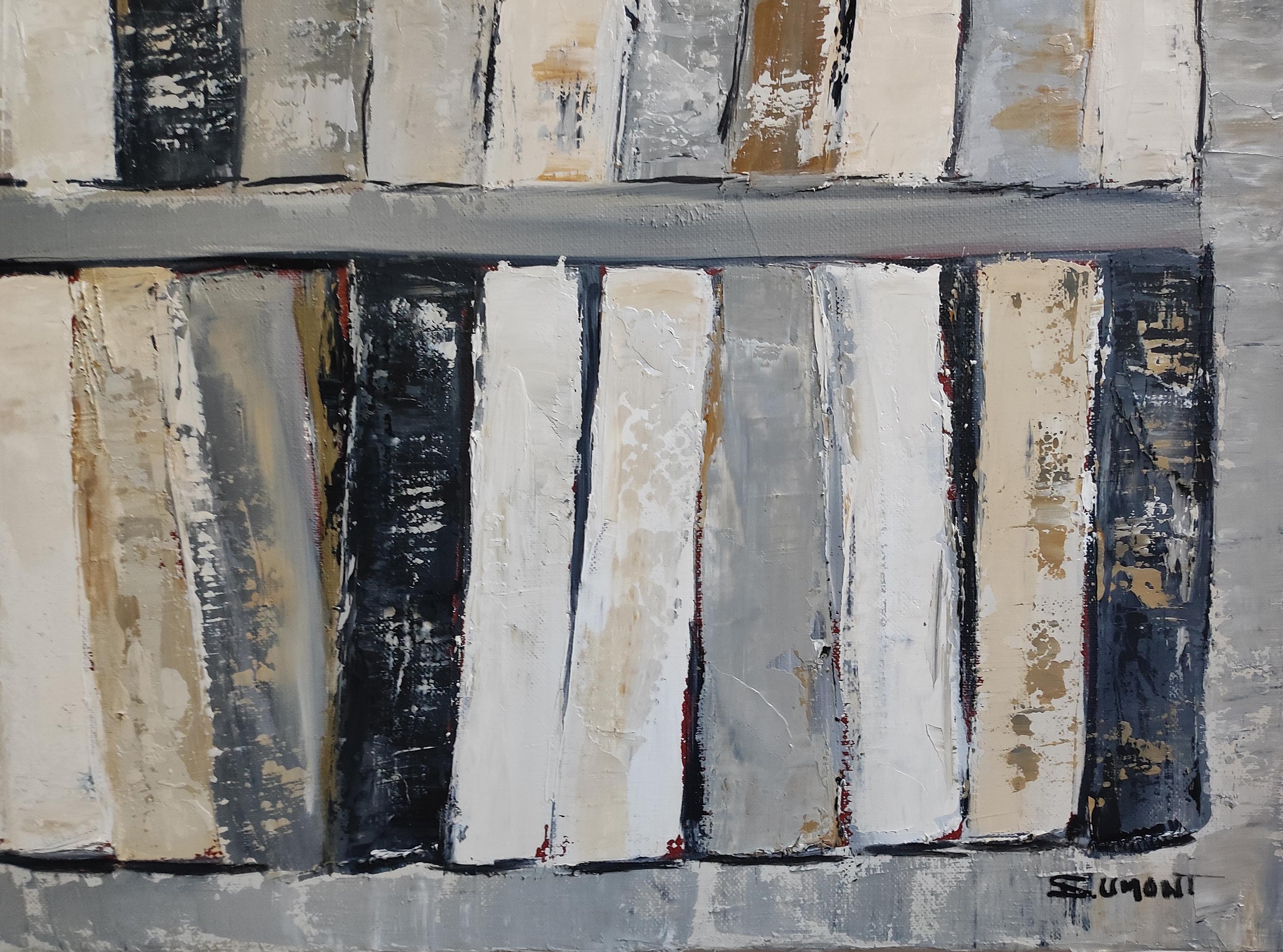 Les ombres du savoir , abstract, gray, oil, books, expressionism, geometric For Sale 3