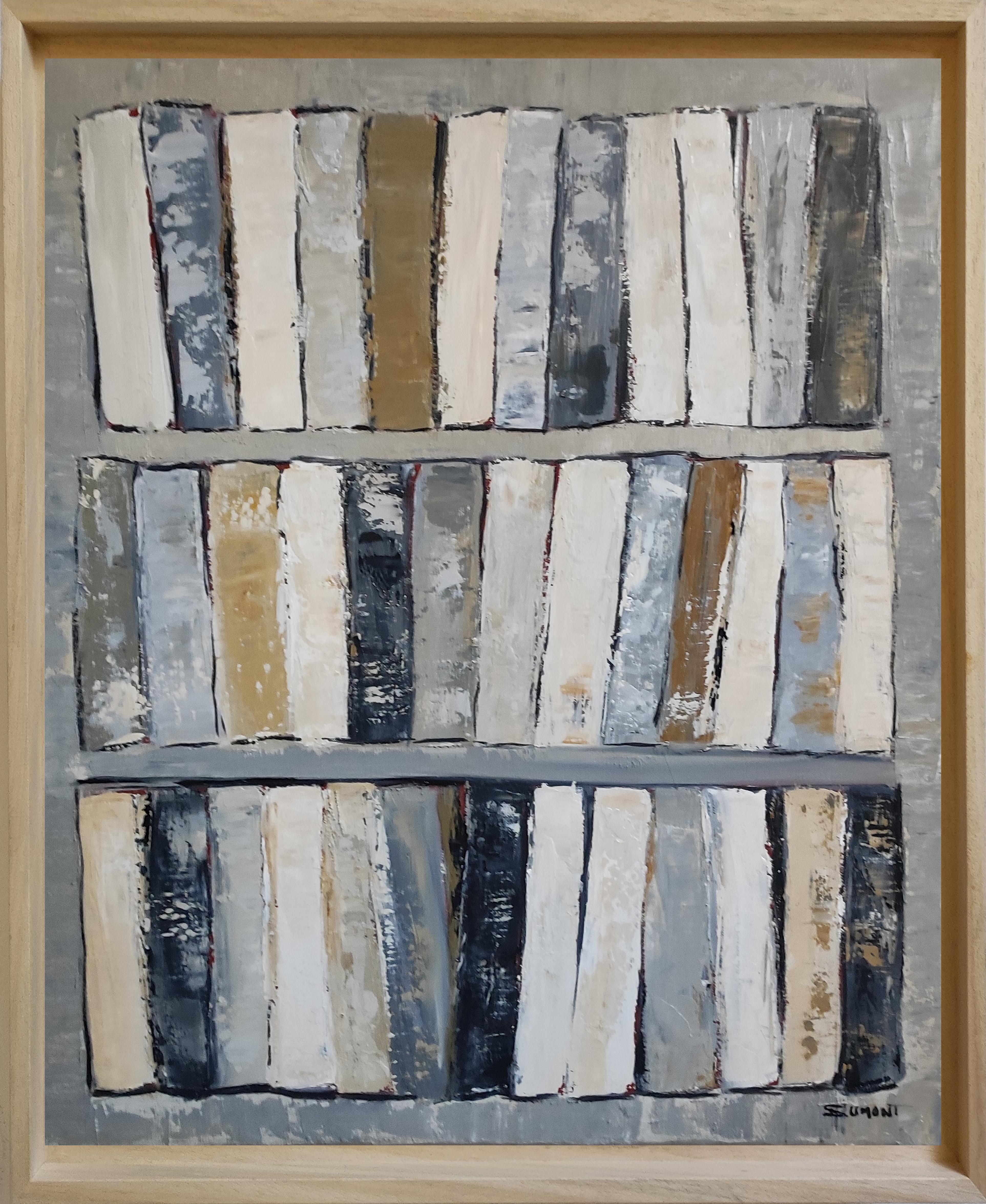 SOPHIE DUMONT Abstract Painting – Les ombres du savoir , abstrakt, grau, Öl, Bücher, Expressionismus, geometrisch