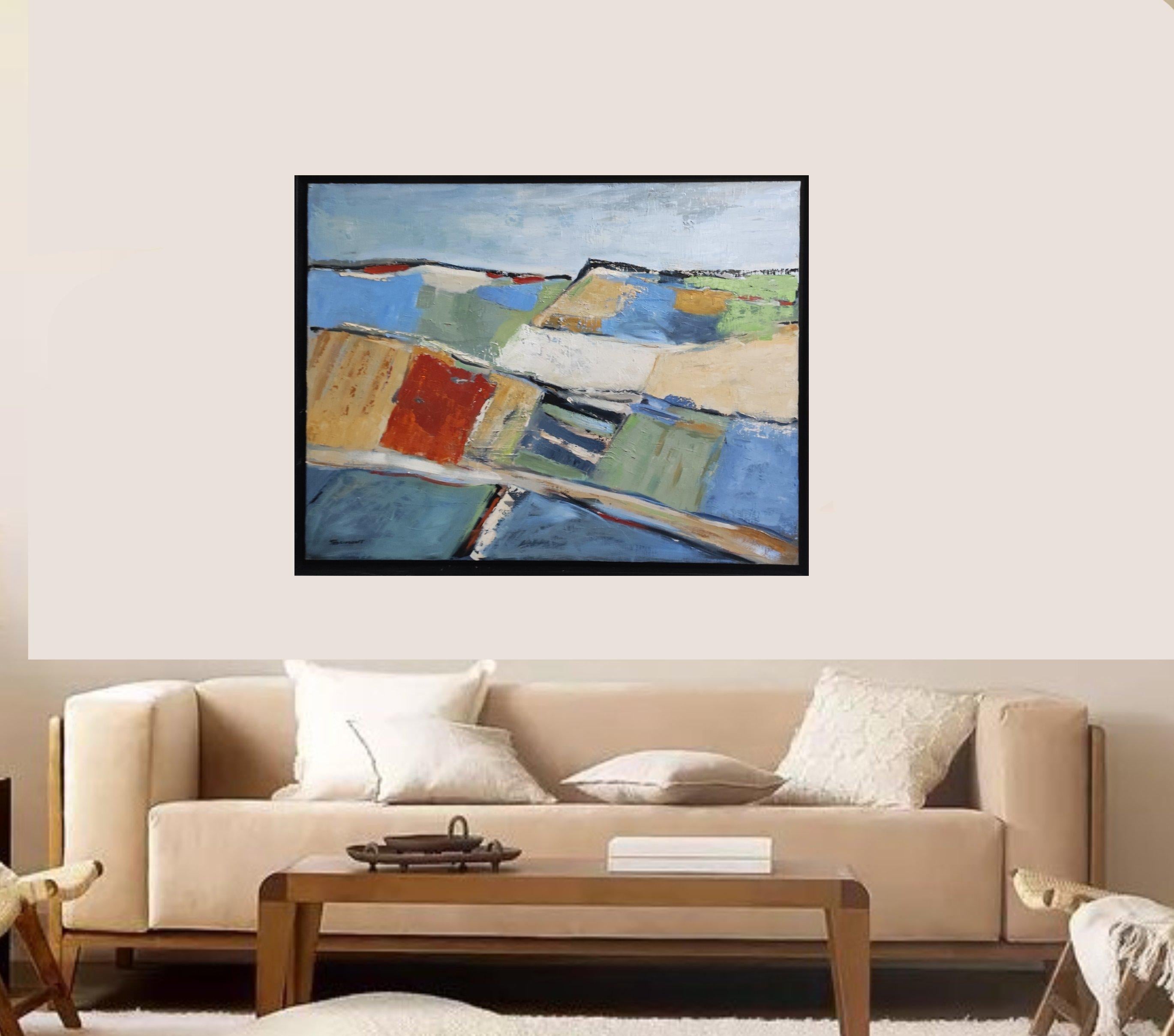 Abstract colorful landscape. Renowned artist Sophie Dumont explores the boundaries of abstract expressionism. The landscape evolves through modulations with softened contours, suggesting volumes more than delineating a precise motif. The palette,