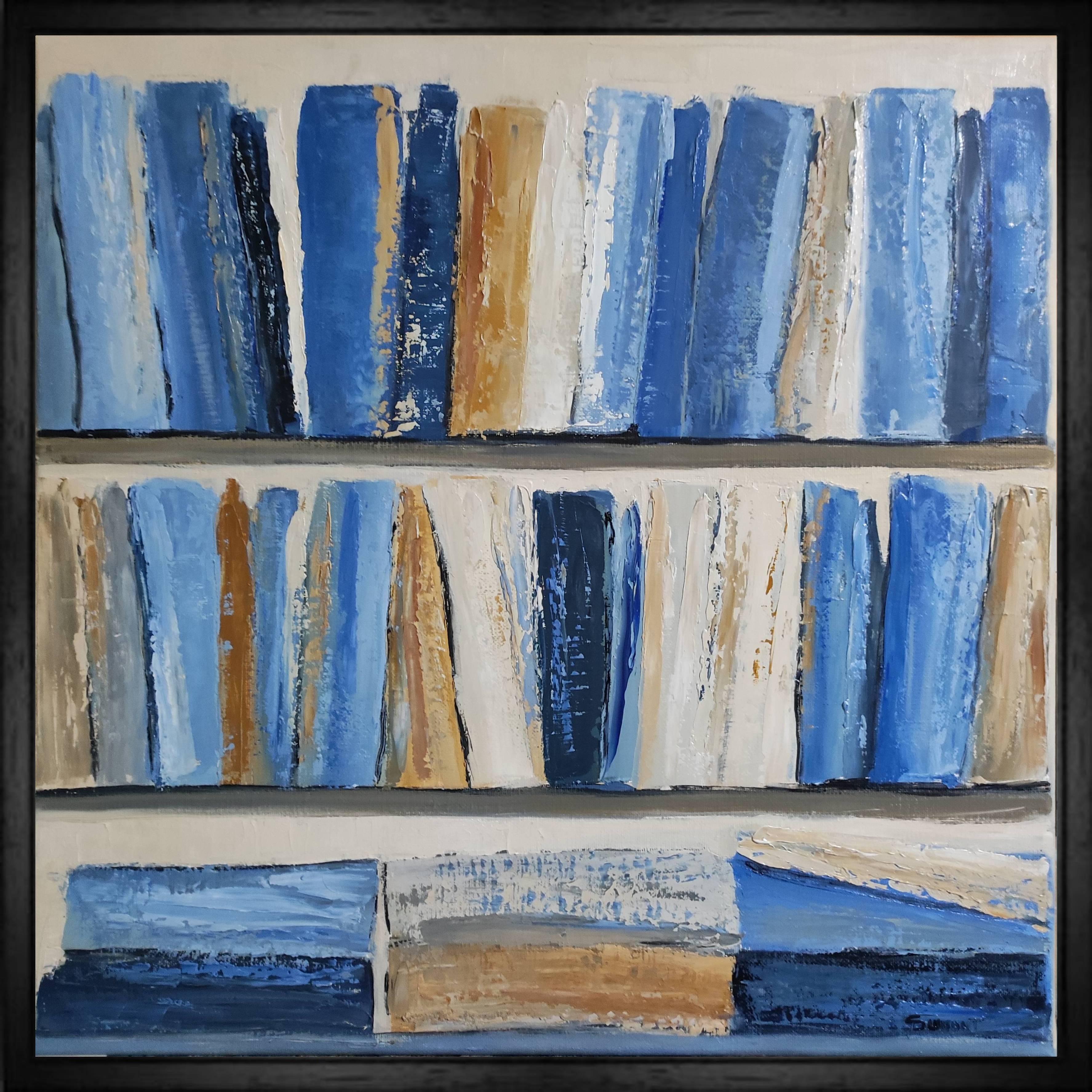 les recueils, blue abstract library, oil on canvas, textured, minimalism, modern - Painting by SOPHIE DUMONT