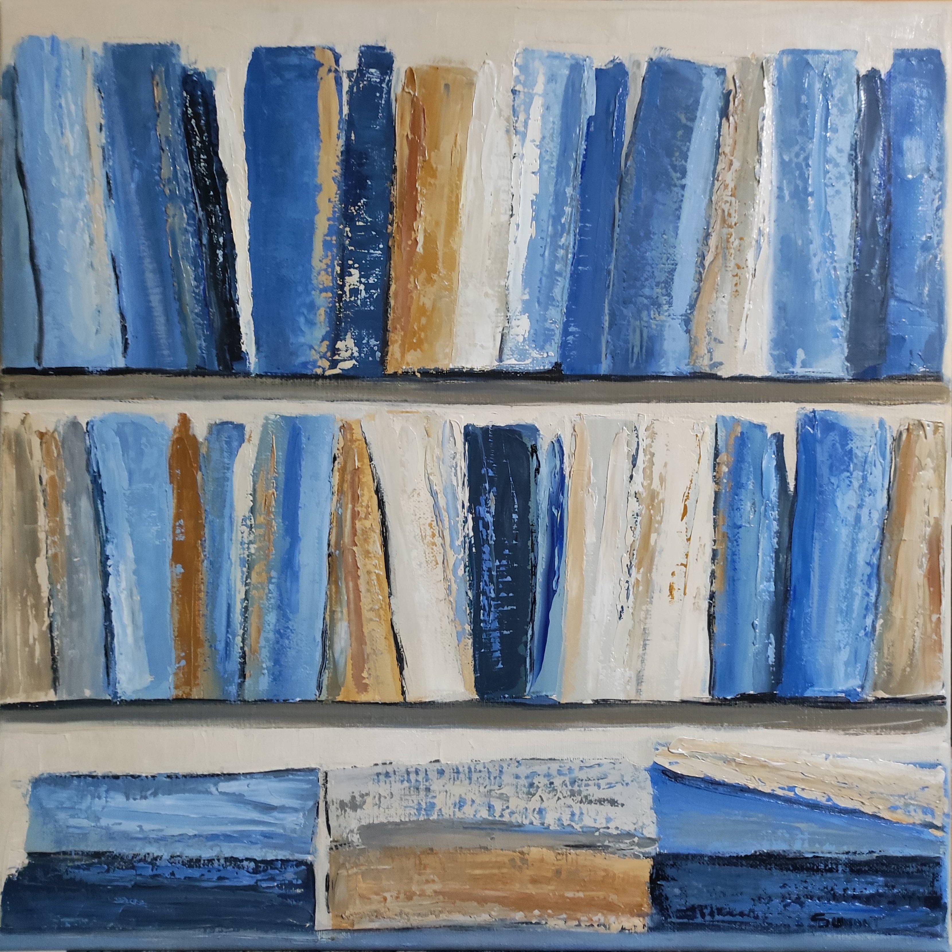 Blaue abstrakte Bibliothek, Öl auf Leinwand, Textur, Minimalismus, Moderne (Grau), Figurative Painting, von SOPHIE DUMONT