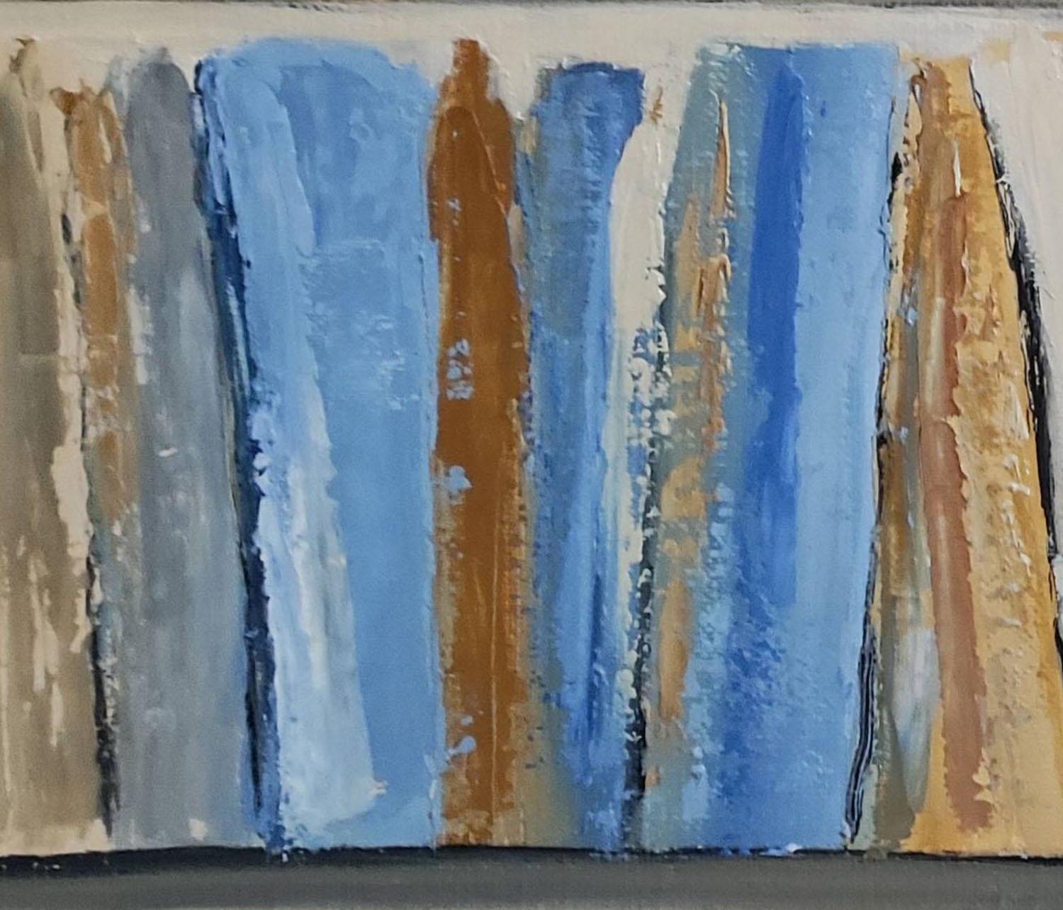 Quadro semi-astratto sul tema dei libri in una biblioteca.
Gli ephemera sono spesso trattati nelle collezioni e l'artista cerca di dare a questi scritti, a volte insoliti, una seconda vita più duratura.
Li riunisce in collezioni in un'armonia di blu