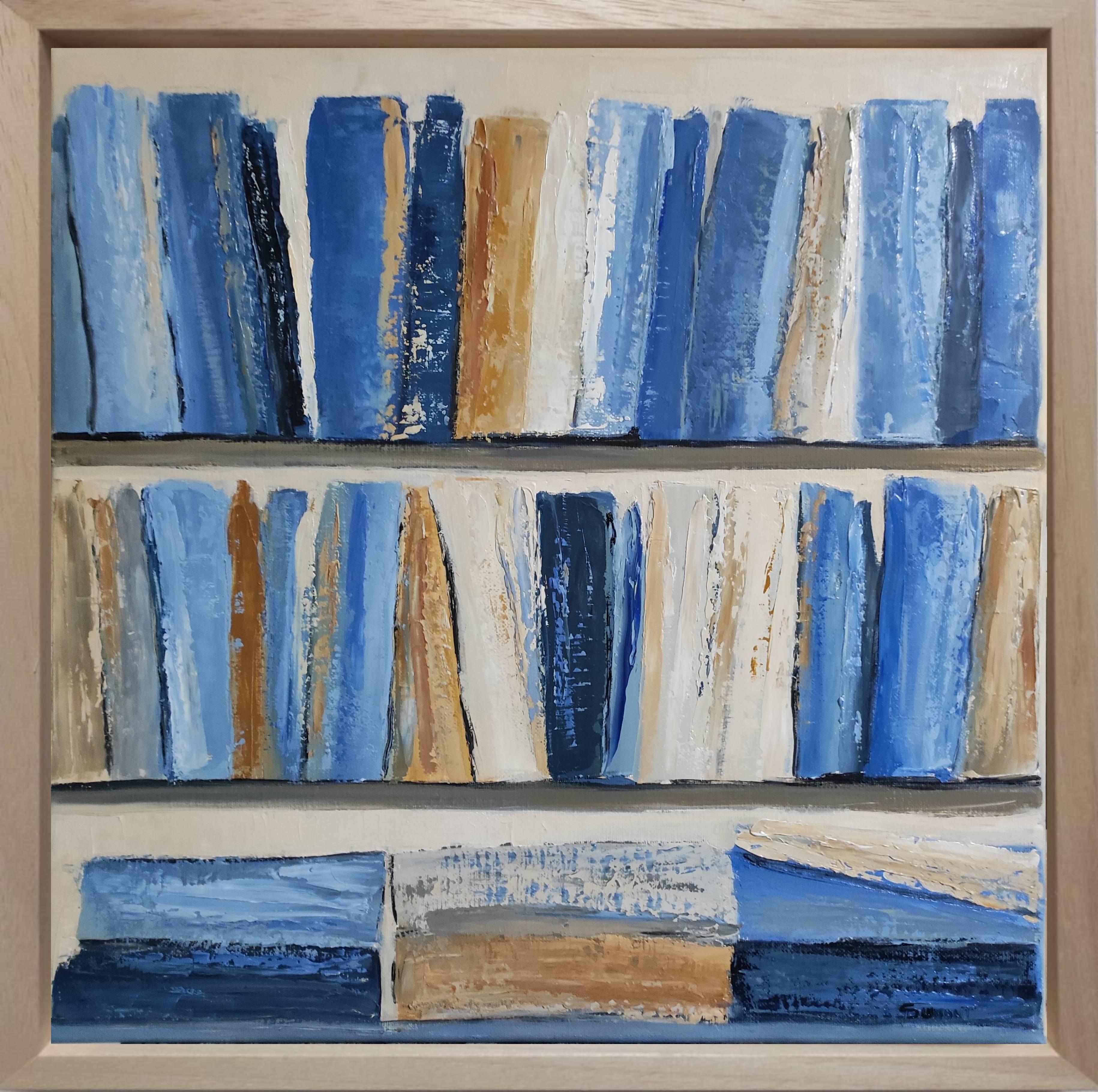 SOPHIE DUMONT Figurative Painting – Blaue abstrakte Bibliothek, Öl auf Leinwand, Textur, Minimalismus, Moderne