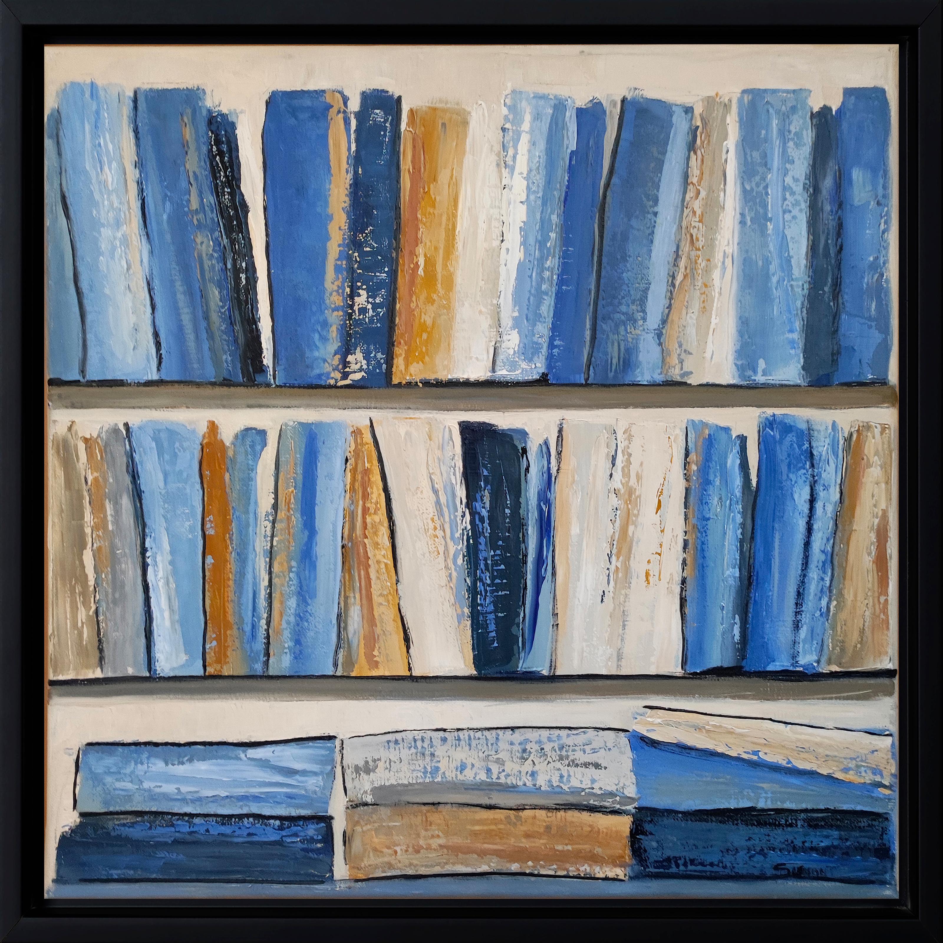 Les recueils, Biblioteca astratta blu, Olio su tela, Struttura, Minimalismo, Moderno - Painting di SOPHIE DUMONT