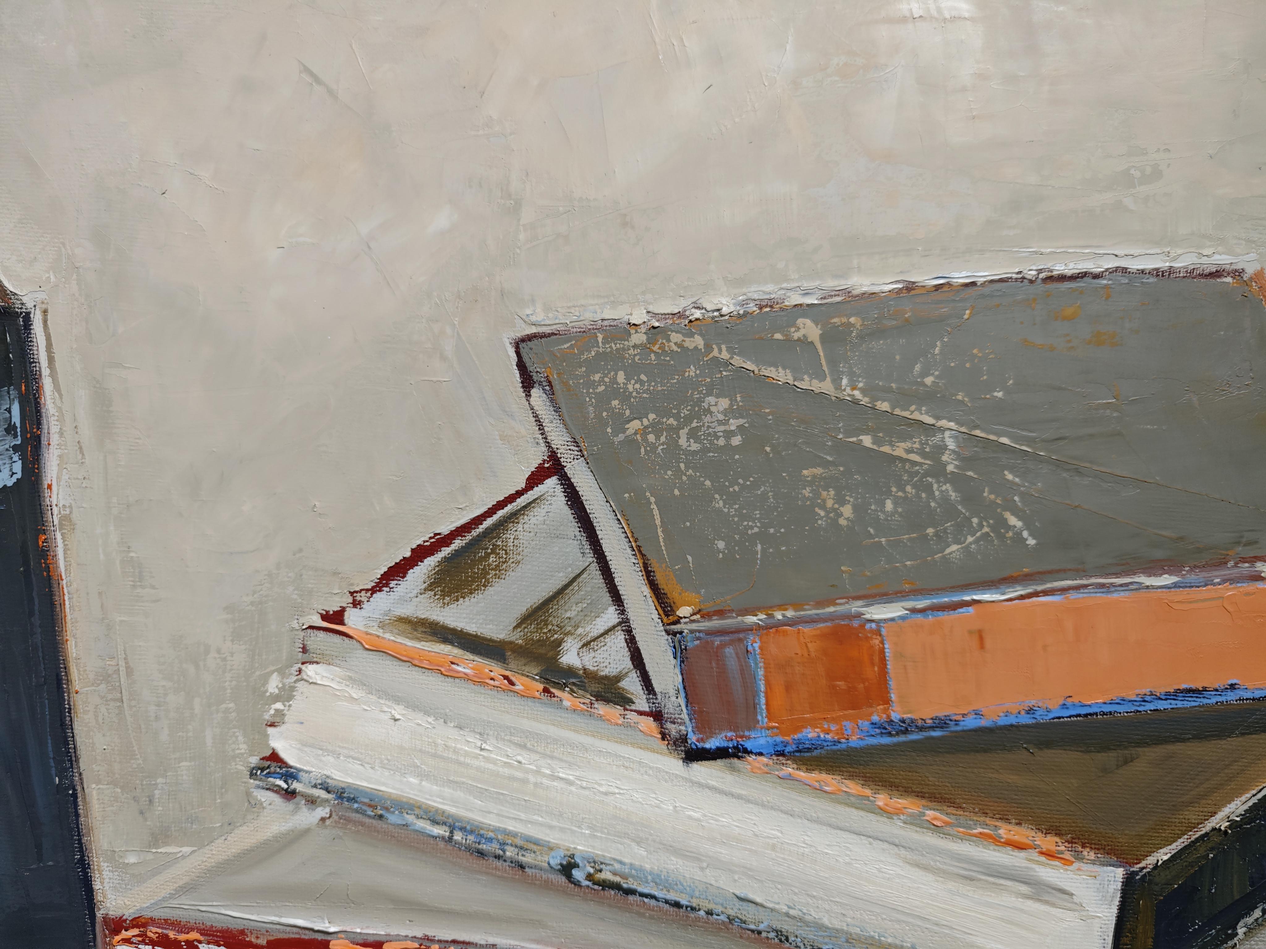 Blau der Seiten - Abstrakte Bibliothek, strukturierte Malerei, Öl auf Leinwand im Angebot 9