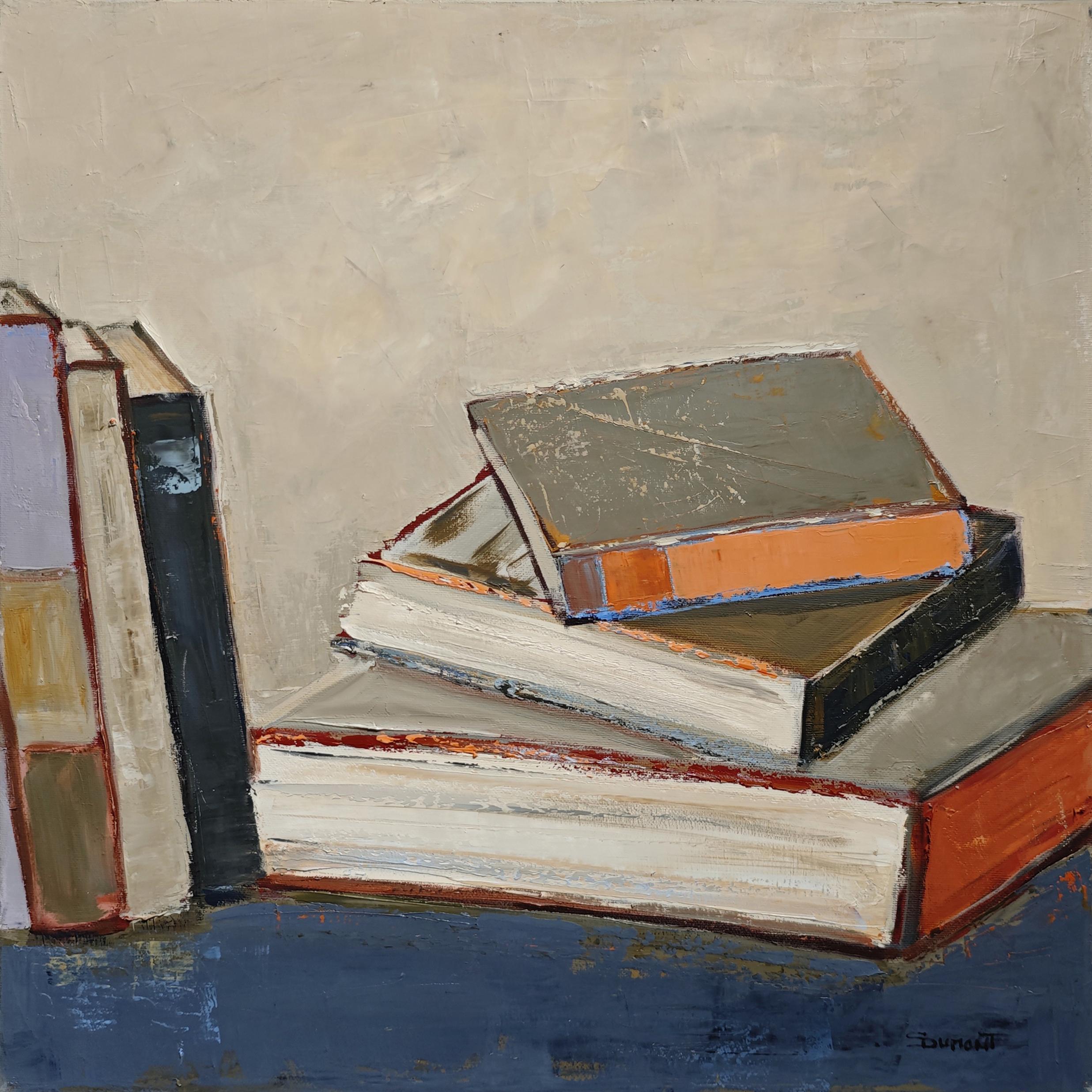 Blau der Seiten - Abstrakte Bibliothek, strukturierte Malerei, Öl auf Leinwand – Painting von SOPHIE DUMONT