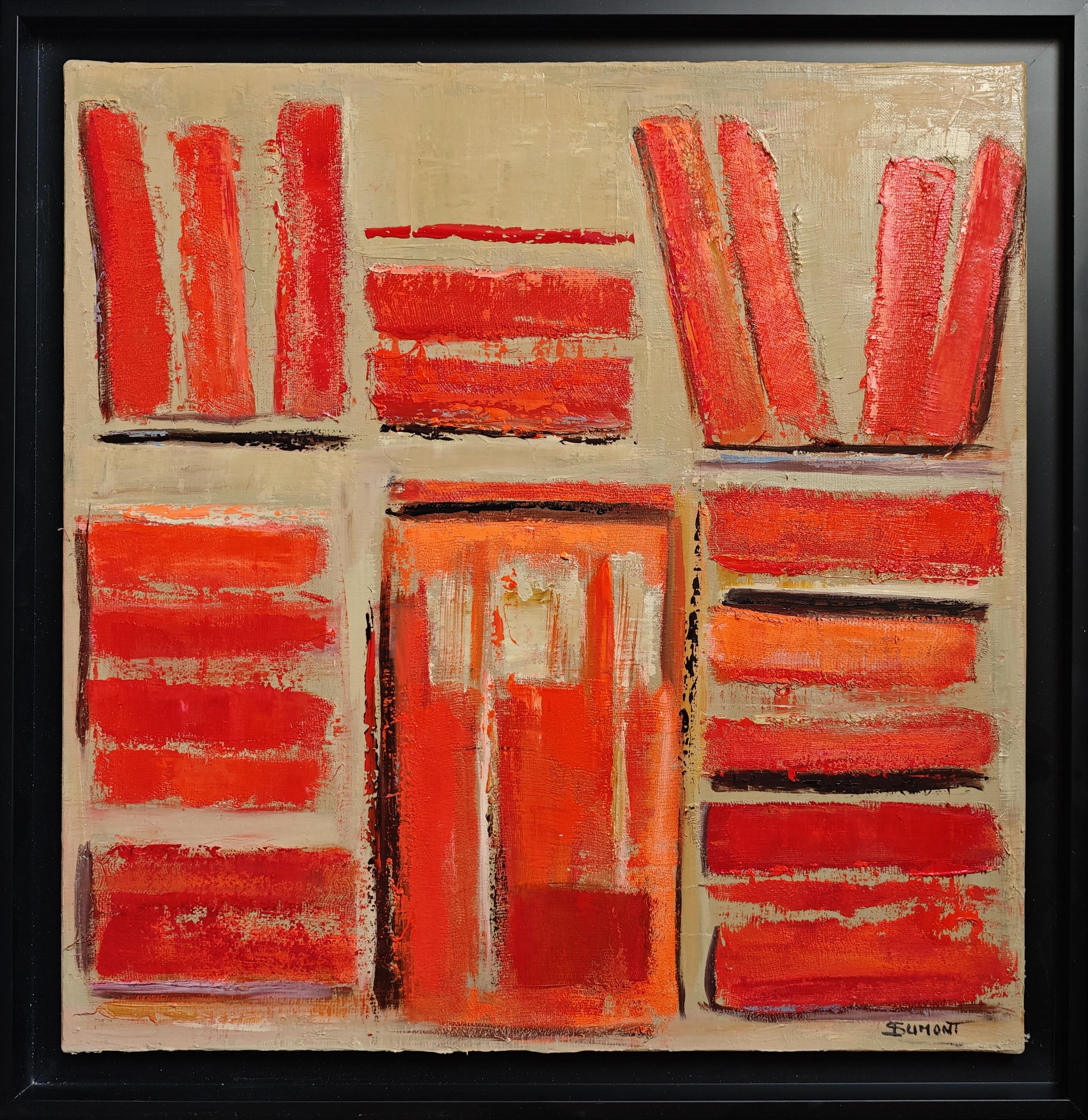 SOPHIE DUMONT Still-Life Painting - Les reliures rouges- Abstract library, textured painting, Oil and collage