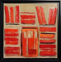 Les reliures rouges- Abstract library, textured painting, Oil and collage