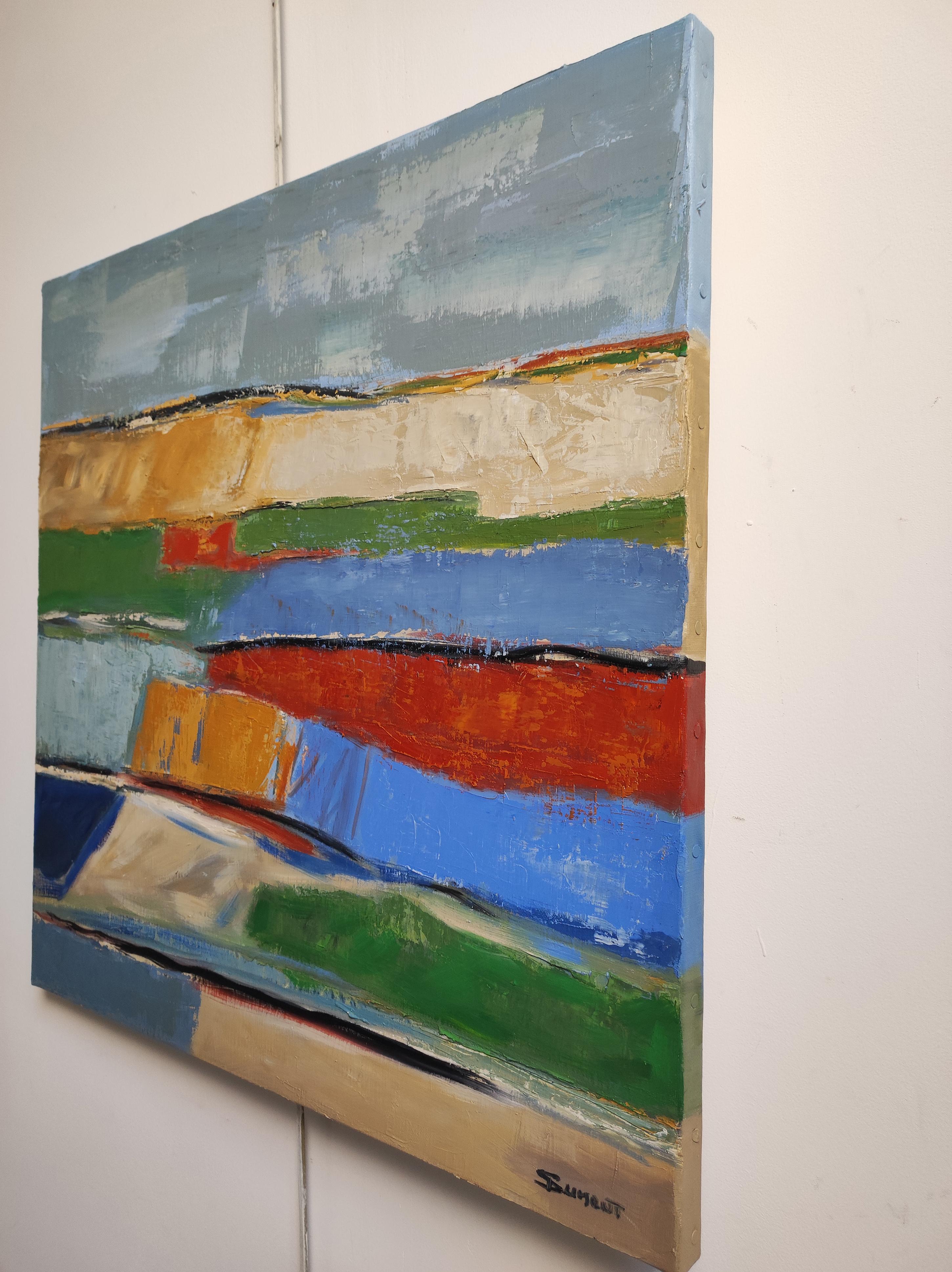 Wählen Sie die Farbe des Rahmens: Schwarz oder Holz
Sophie Dumont enthüllt eine schillernde abstrakte Landschaft auf einer 60 x 60 cm großen Leinenleinwand. Ihre Meisterschaft zeigt sich in der geschickten Verwendung von Öl, wo jeder Messerstrich