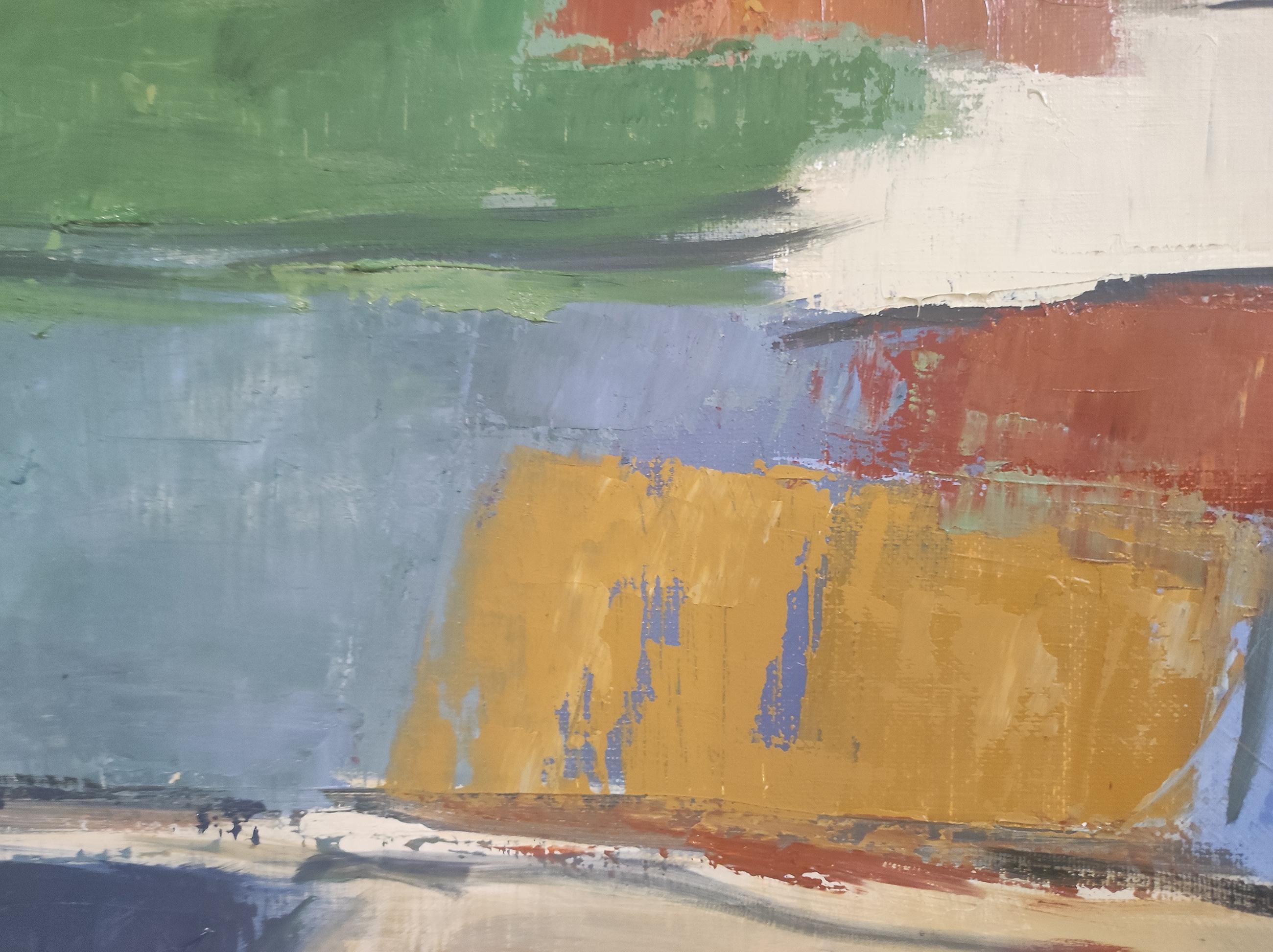 Sophie Dumont enthüllt eine schillernde abstrakte Landschaft auf einer 60 x 60 cm großen Leinenleinwand. Ihre Meisterschaft zeigt sich in der geschickten Verwendung von Öl, wo jeder Messerstrich eine Symphonie von Texturen erzeugt. Der Künstler