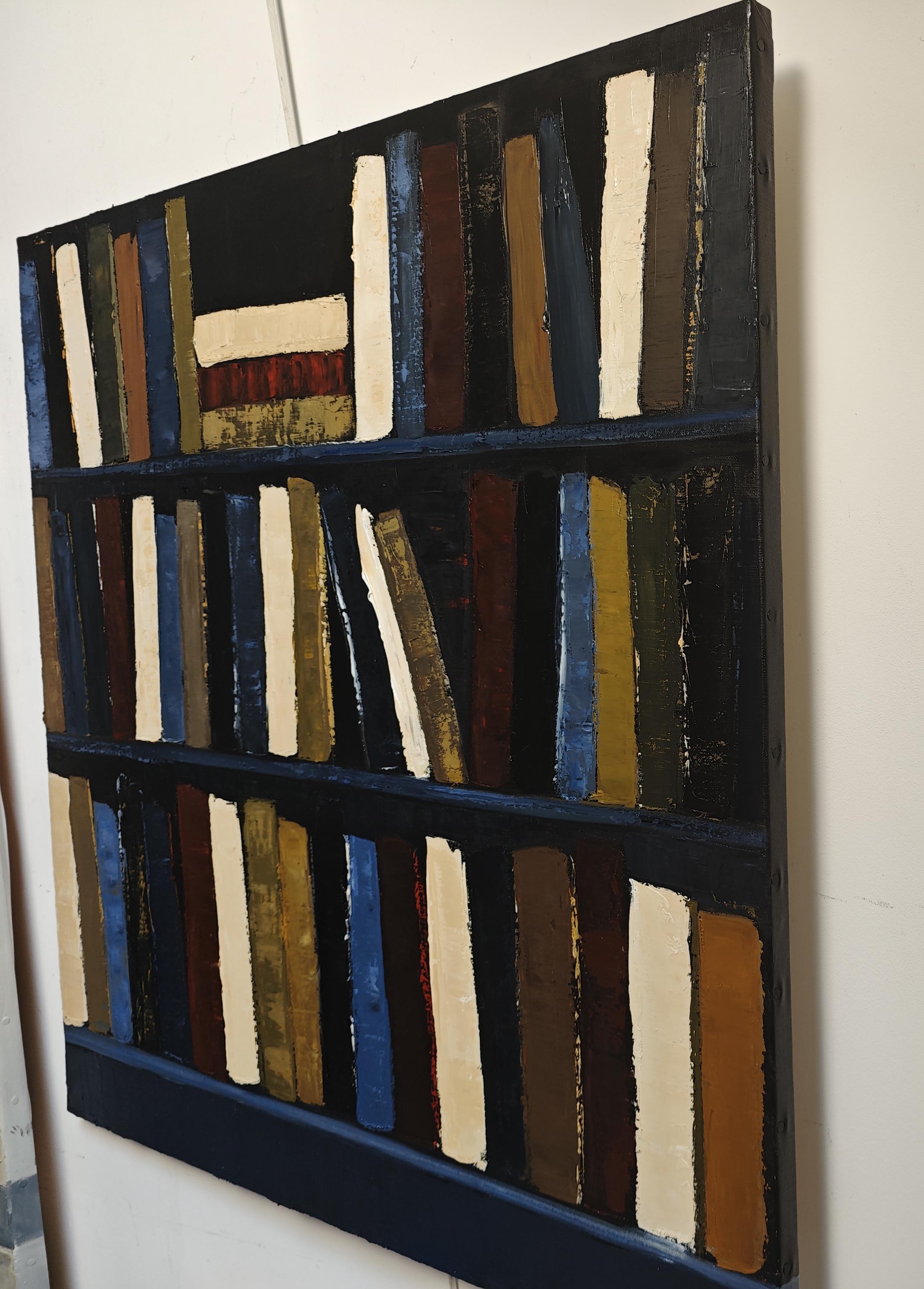 Les veilleurs d'ombre- Peinture à l'huile texturée, géométrique, abstraite Bibliothèque - Noir Interior Painting par SOPHIE DUMONT