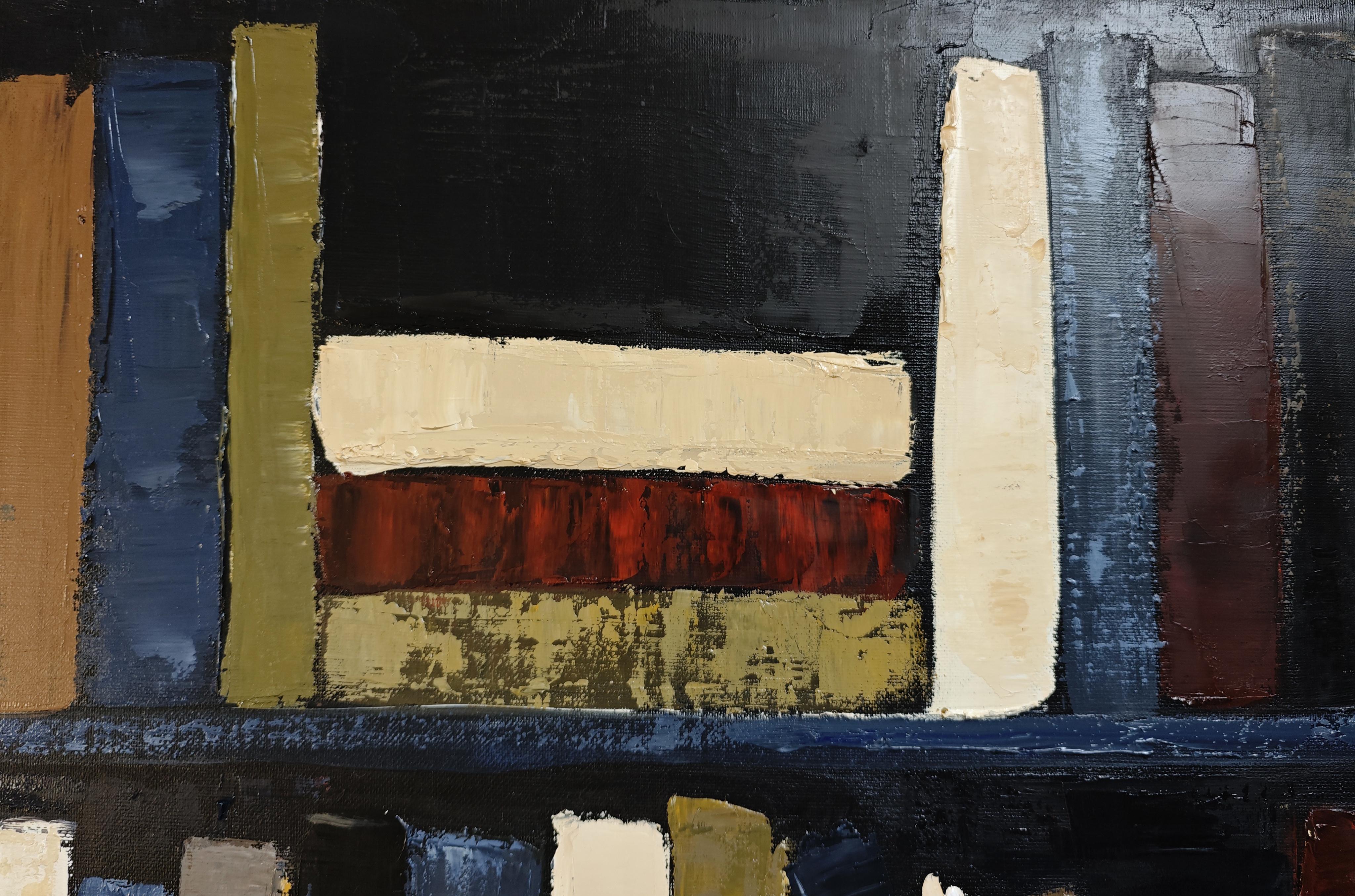 Les veilleurs d'ombre- Peinture à l'huile texturée, géométrique, abstraite Bibliothèque en vente 1
