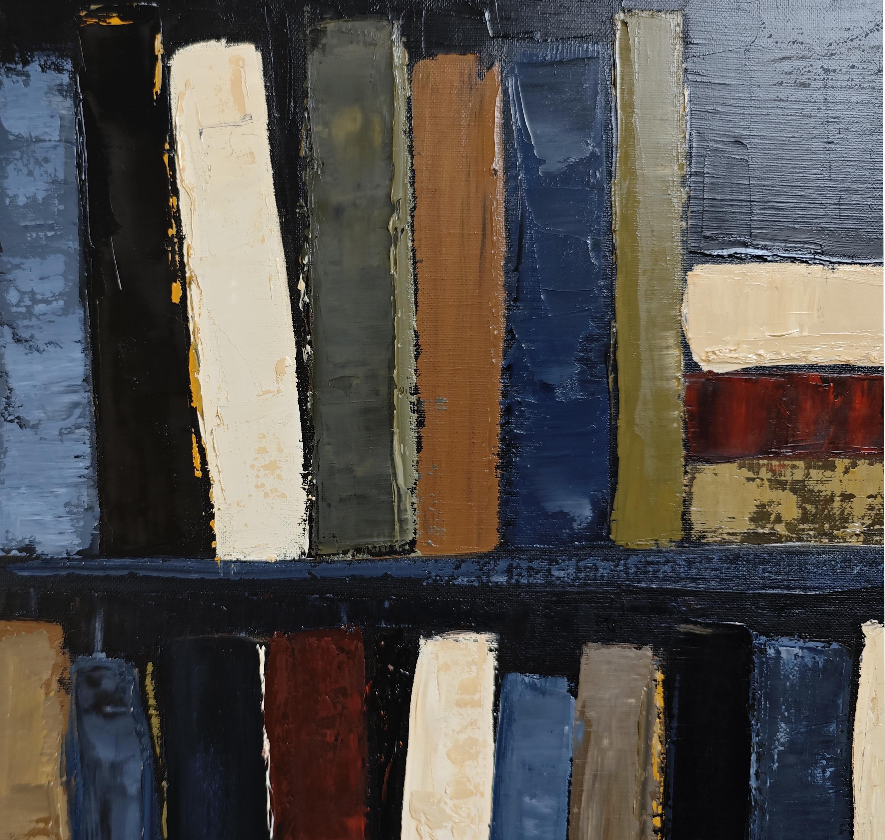 Les veilleurs d'ombre- Peinture à l'huile texturée, géométrique, abstraite Bibliothèque en vente 2