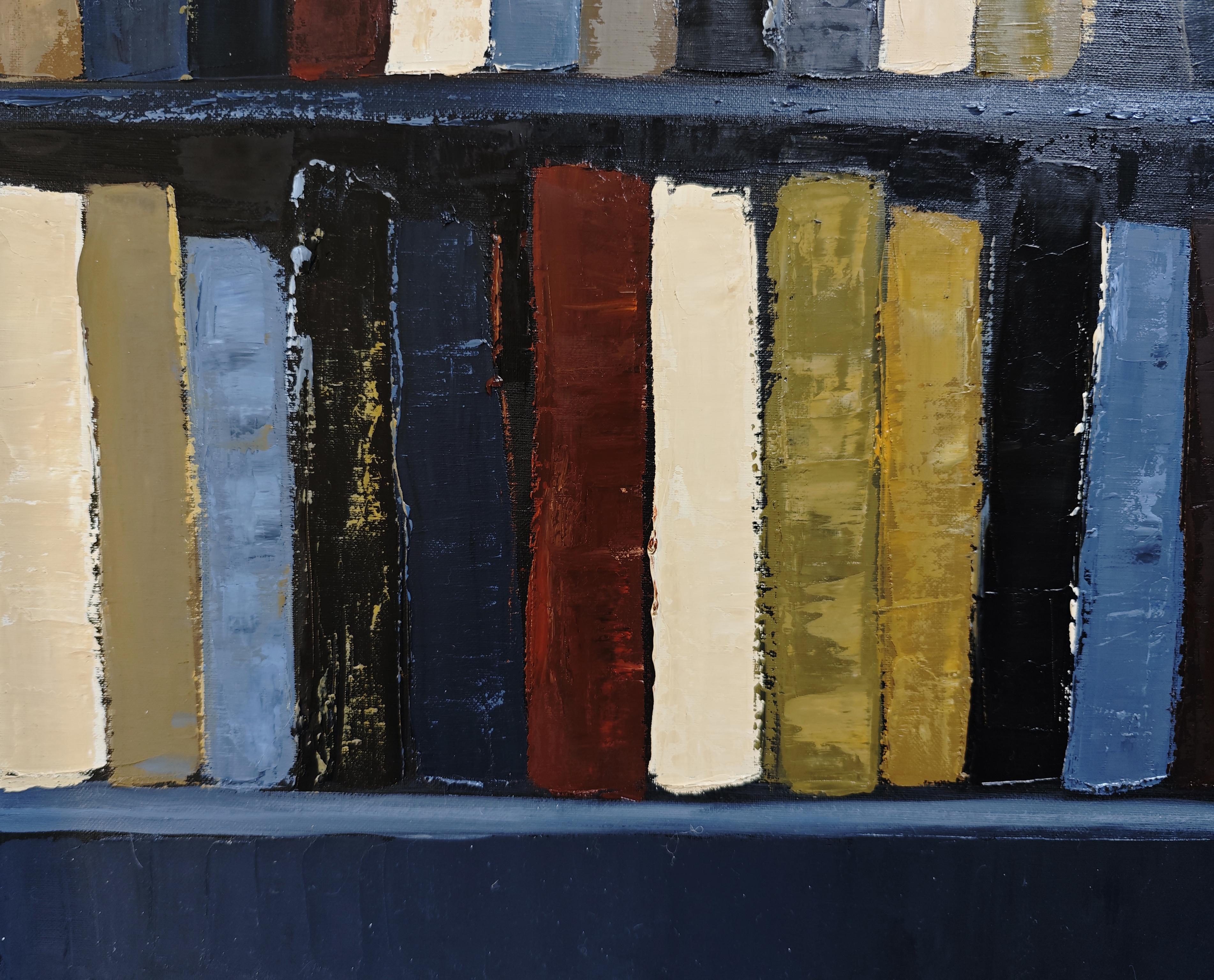 Les veilleurs d'ombre- Peinture à l'huile texturée, géométrique, abstraite Bibliothèque en vente 3