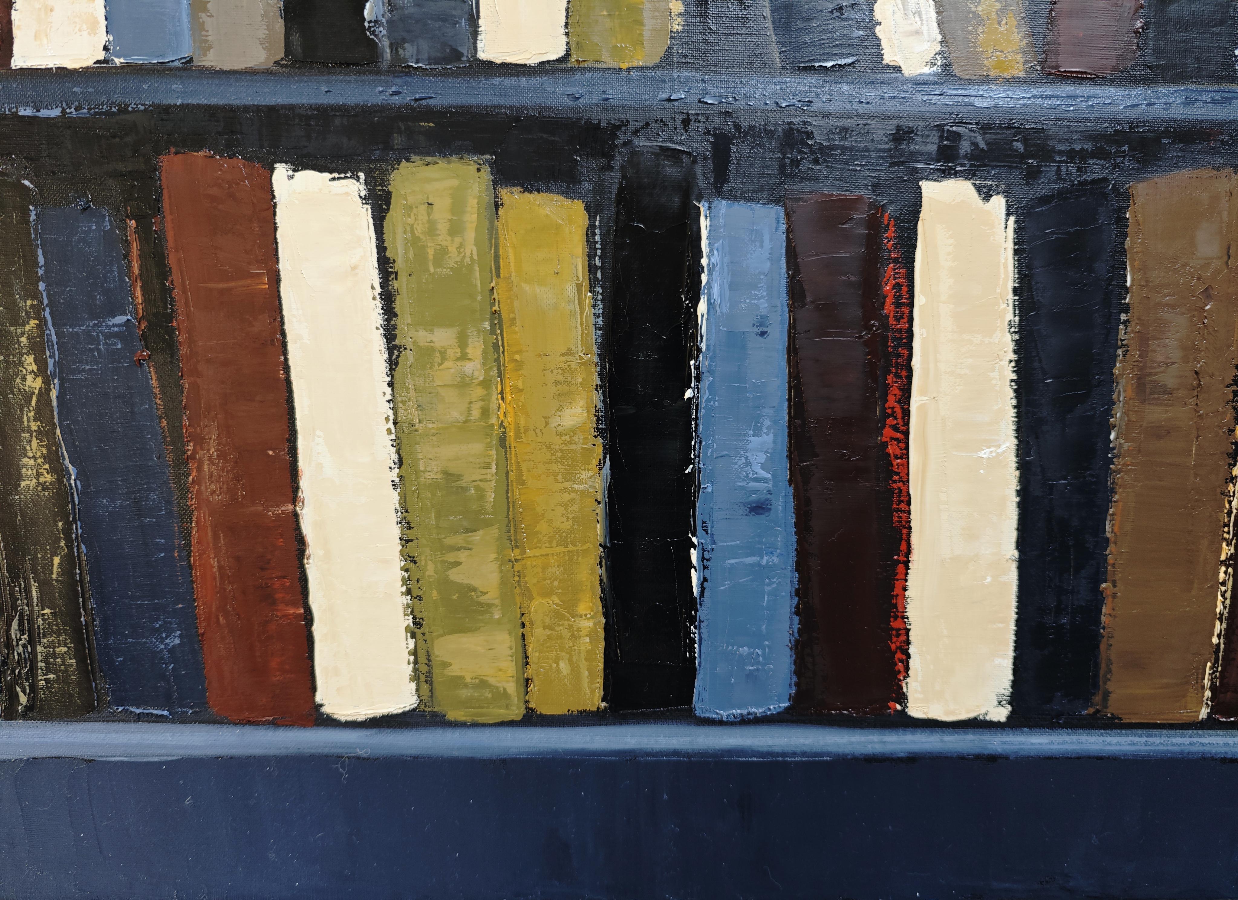 Les veilleurs d'ombre- Peinture à l'huile texturée, géométrique, abstraite Bibliothèque en vente 5