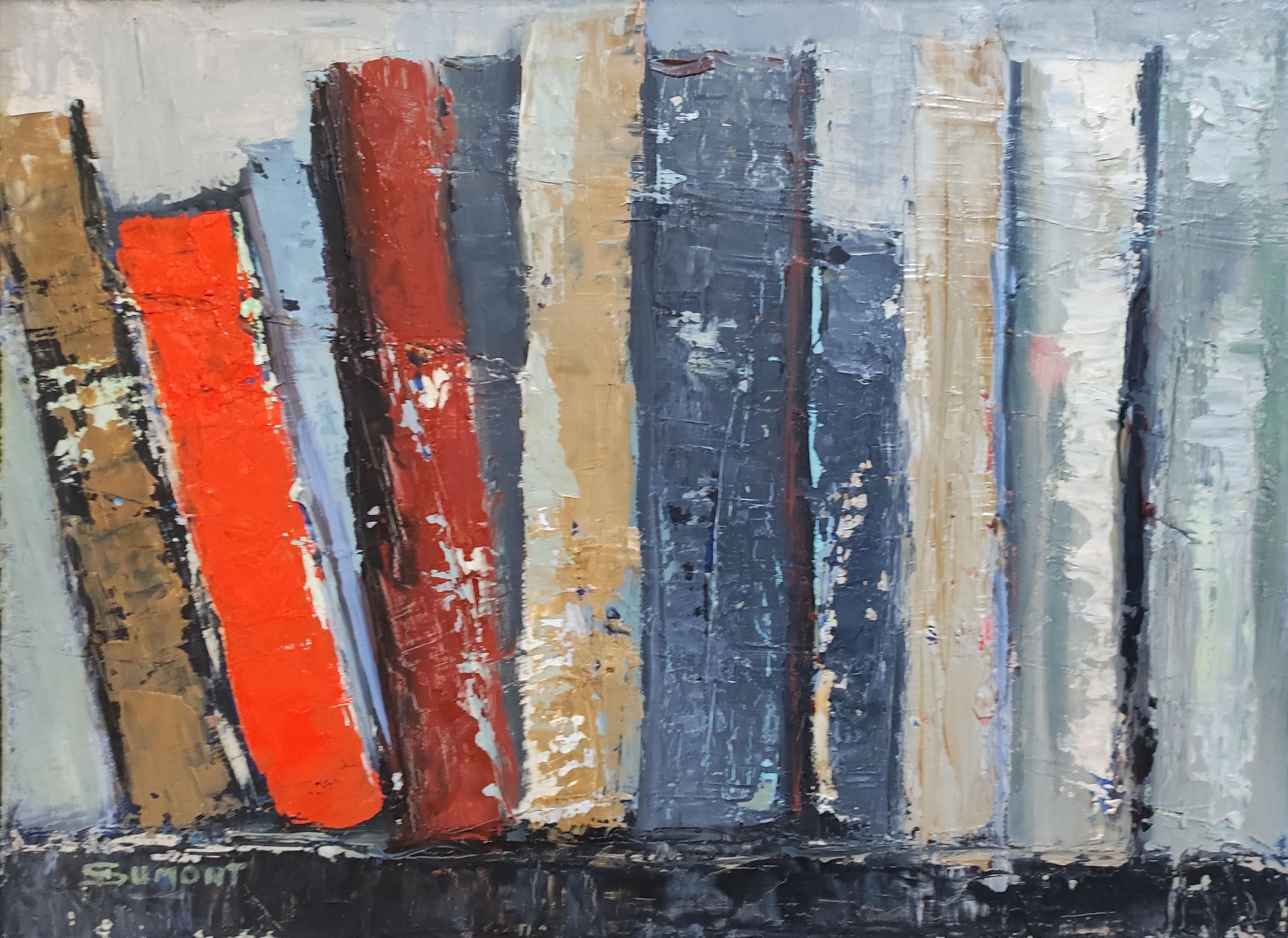 l'etagere, expressionnisme abstrait, livres rouges et gris, contemporain - Painting di SOPHIE DUMONT
