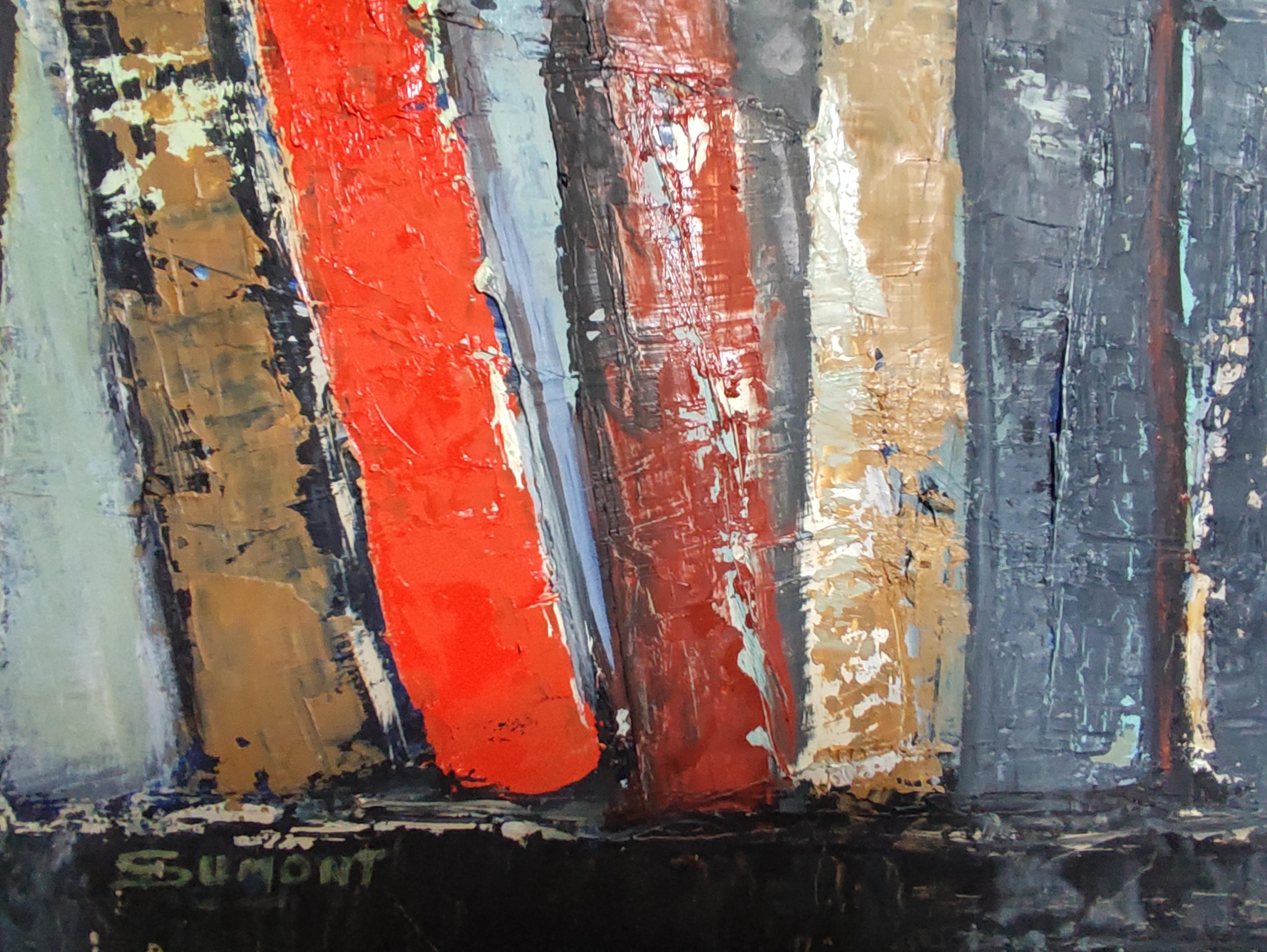 l'etagere, expressionnisme abstrait, livres rouges et gris, contemporain - Painting Contemporaneo di SOPHIE DUMONT
