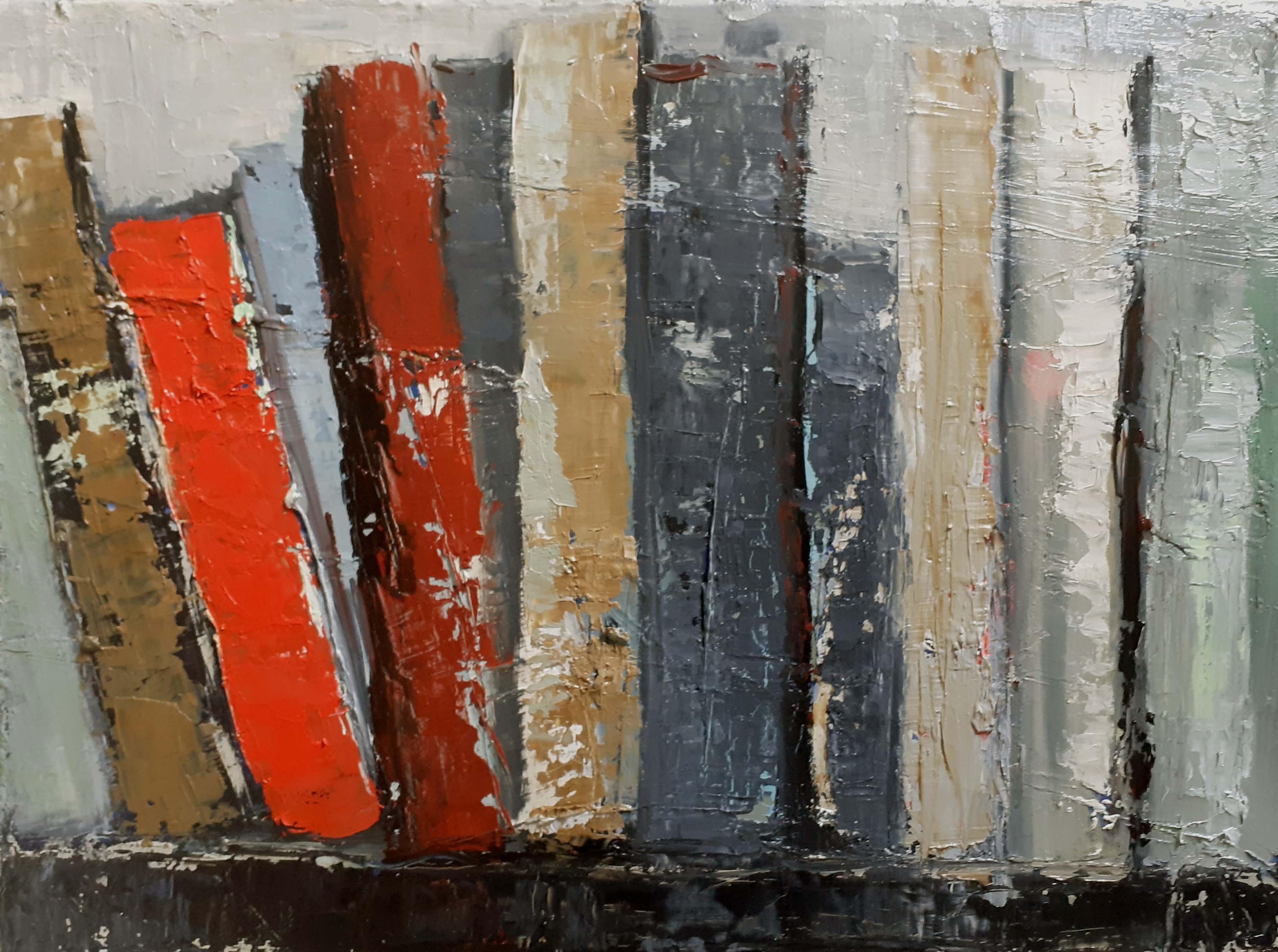 l'etagere, expressionnisme abstrait, livres rouges et gris, contemporain 1