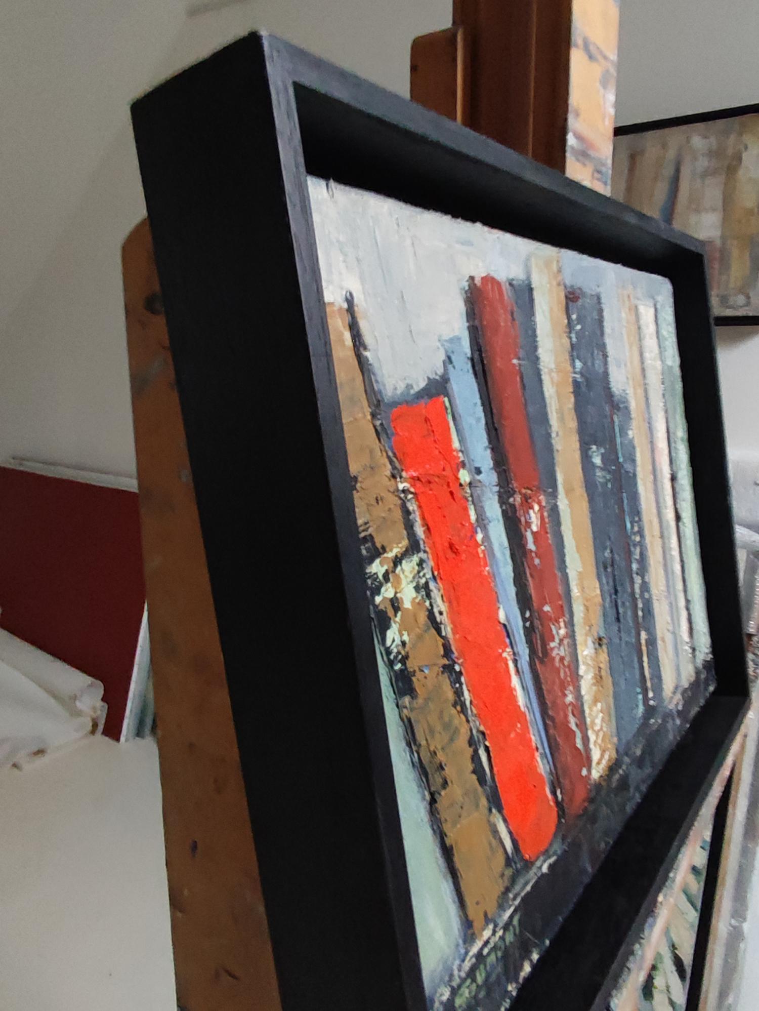 l'etagere, expressionnisme abstrait, livres rouges et gris, contemporain 2