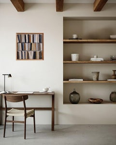 "Library 16", Neutral Toned Abstract Bookshelf Painting – Oil by French Artist