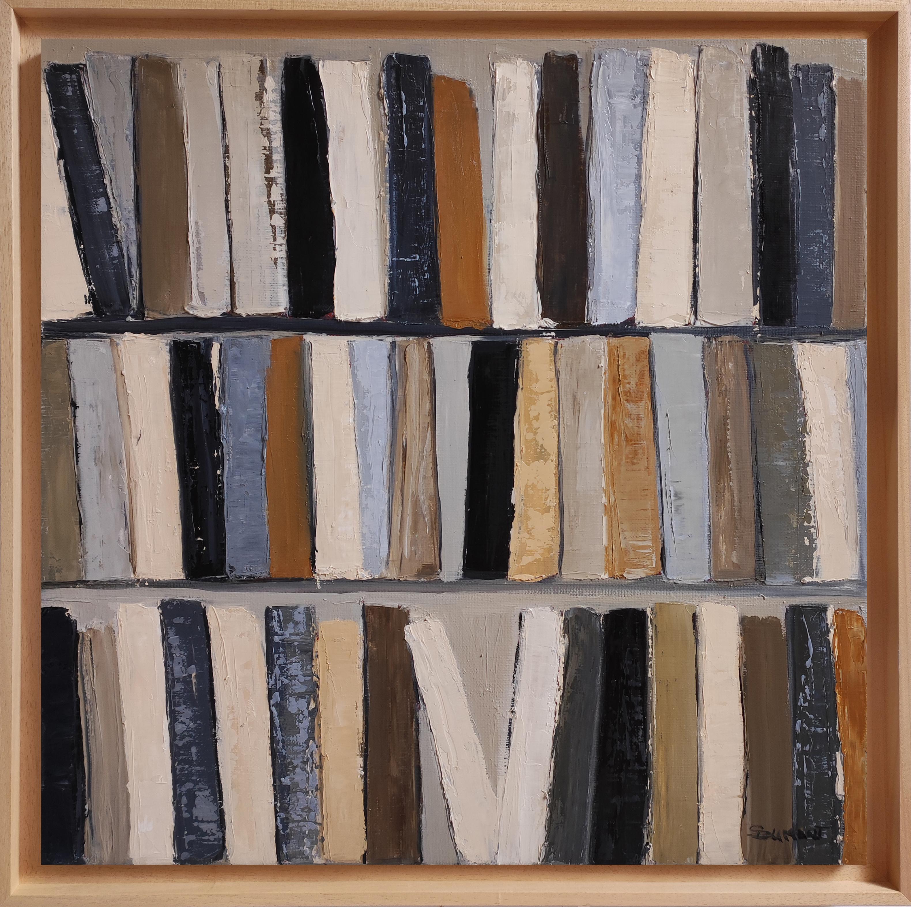 SOPHIE DUMONT Abstract Painting - "Library 16", Neutral Toned Abstract Bookshelf Painting – Oil by French Artist