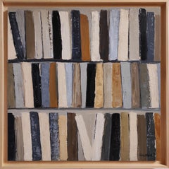 "Library 16", Neutral Toned Abstract Bookshelf Painting – Oil by French Artist
