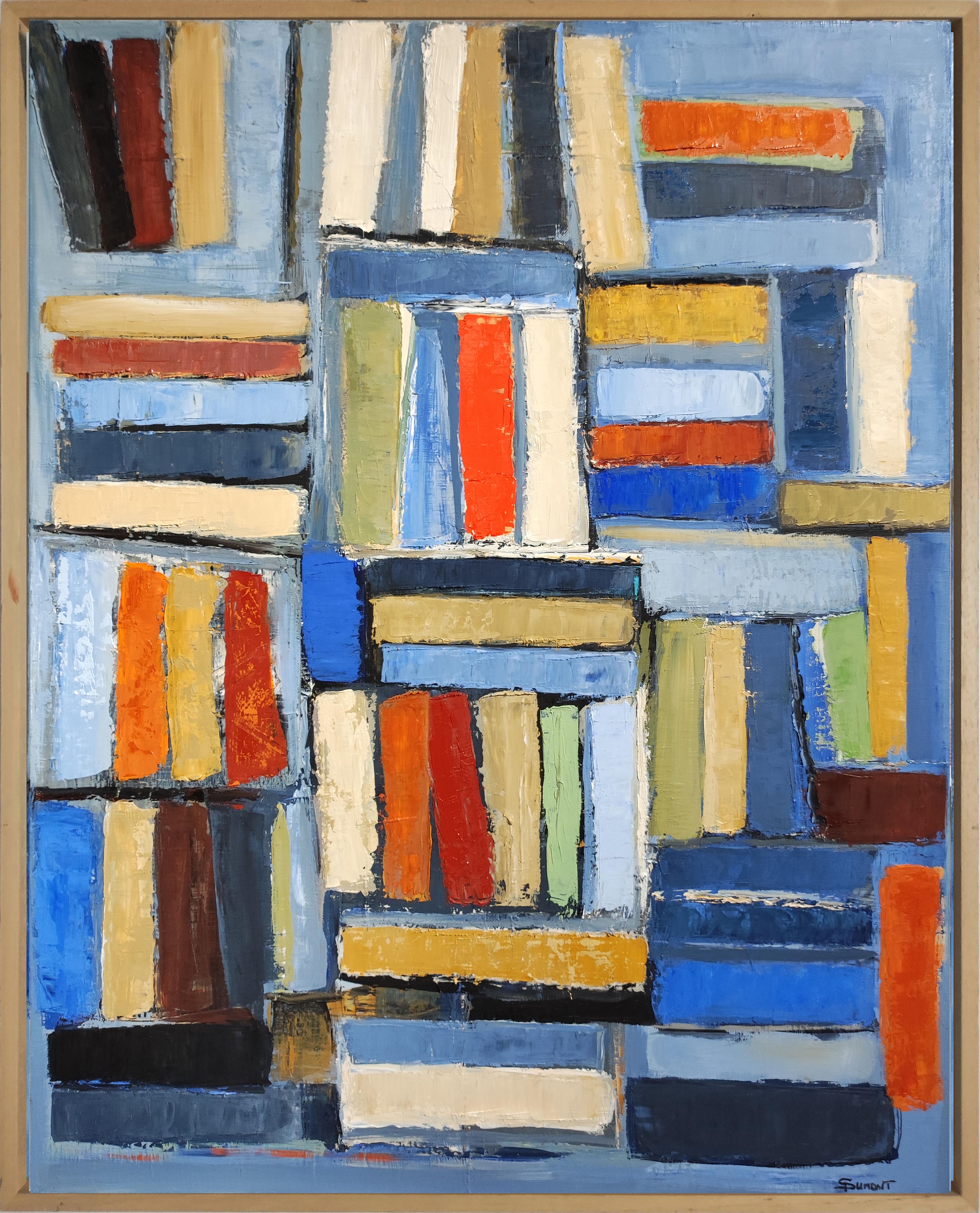 library 2, colors books in library, abstract, expressionism, oil on canvas - Painting by SOPHIE DUMONT