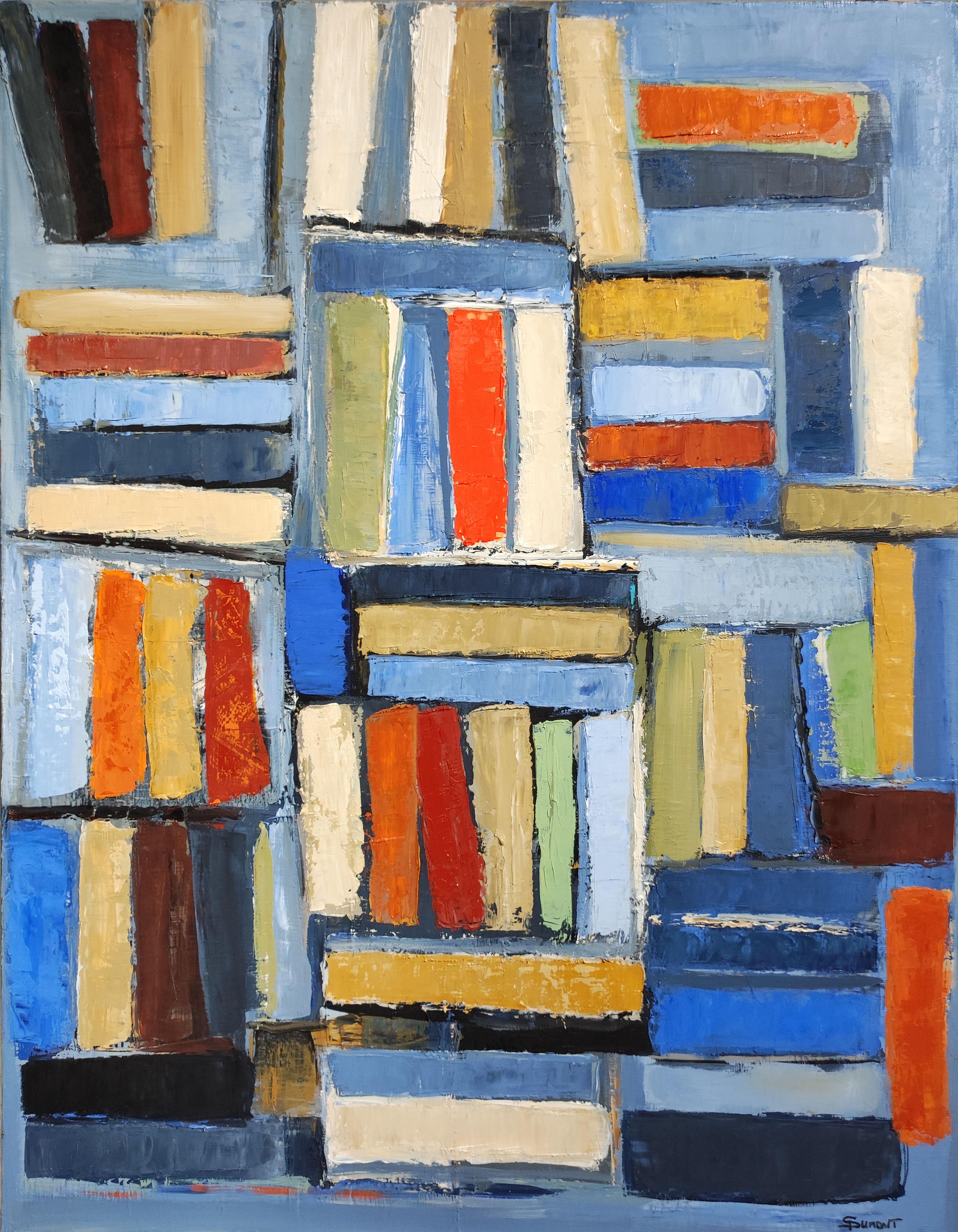 library 2, colors books in library, abstract, expressionism, oil on canvas - Abstract Geometric Painting by SOPHIE DUMONT