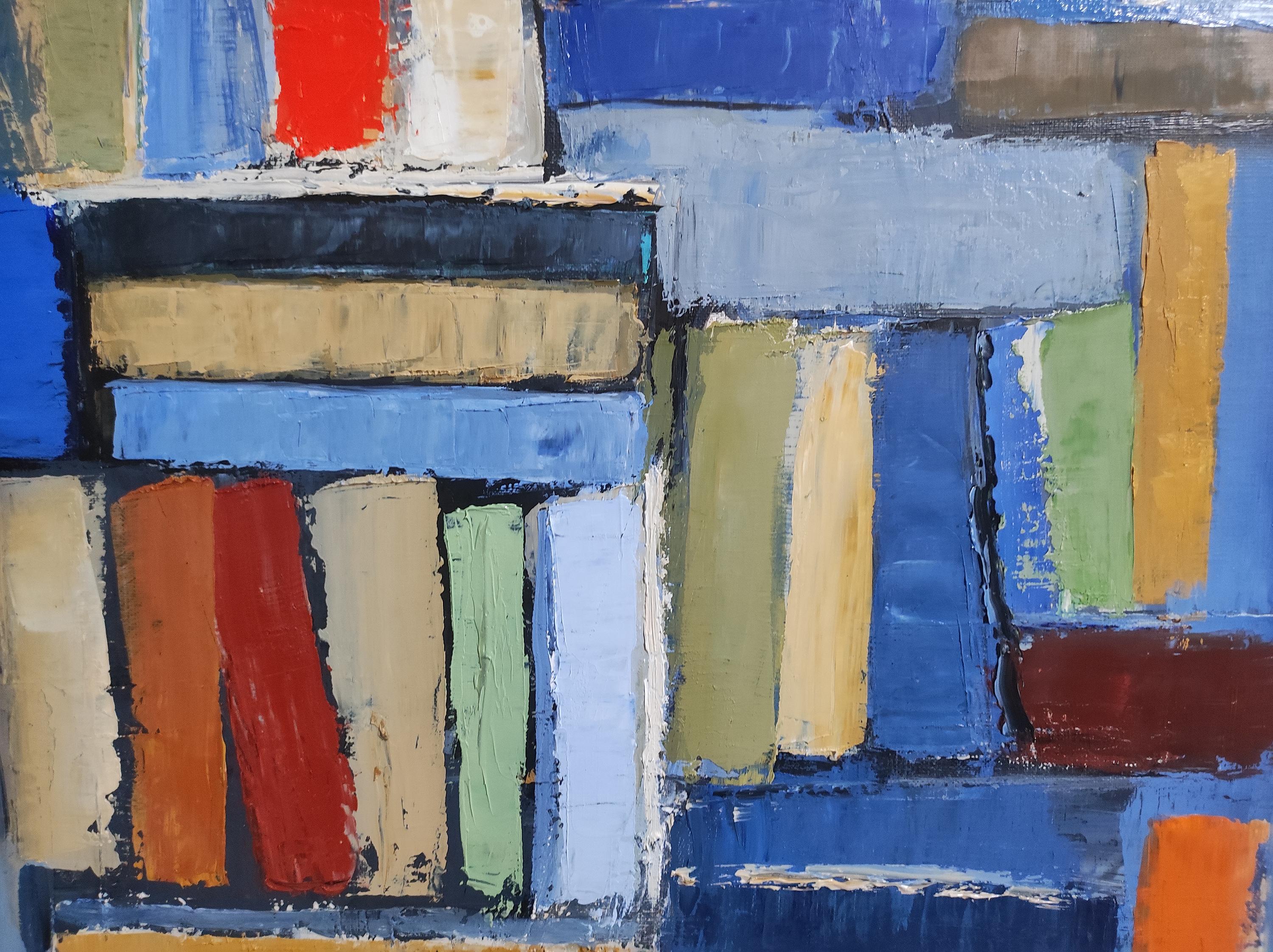 Bibliothek 2, farbige Bücher in Bibliothek, abstrakt, Expressionismus, Öl auf Leinwand 5
