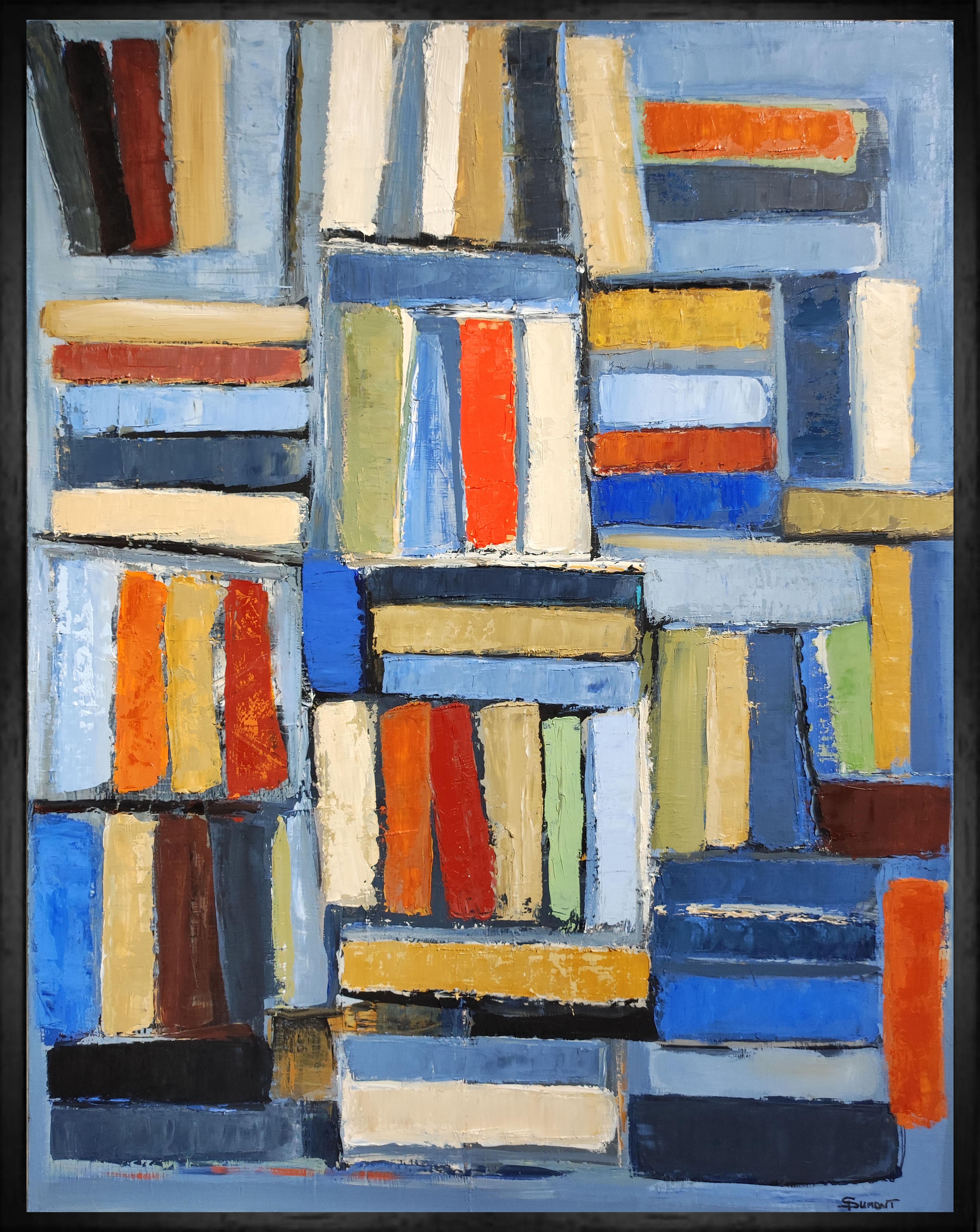 SOPHIE DUMONT Still-Life Painting – Bibliothek 2, farbige Bücher in Bibliothek, abstrakt, Expressionismus, Öl auf Leinwand