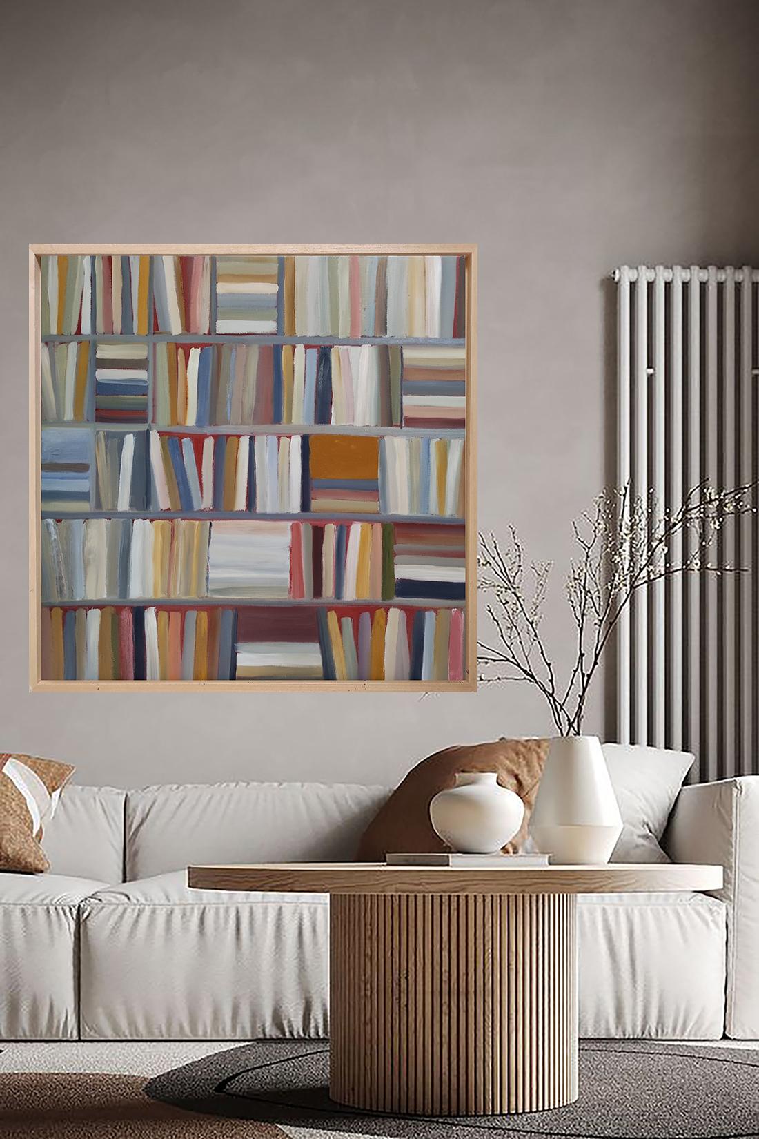 Library 3, multicolor abstract, expressionism, geometric, modern, textured - Abstract Expressionist Painting by SOPHIE DUMONT