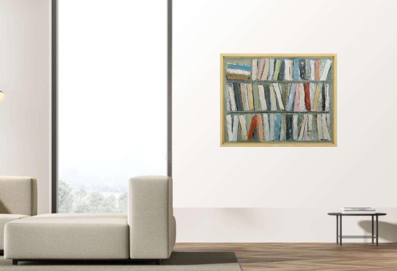 library 7, abstract expressionism, library, contemporary, textured, books - Gray Abstract Painting by SOPHIE DUMONT