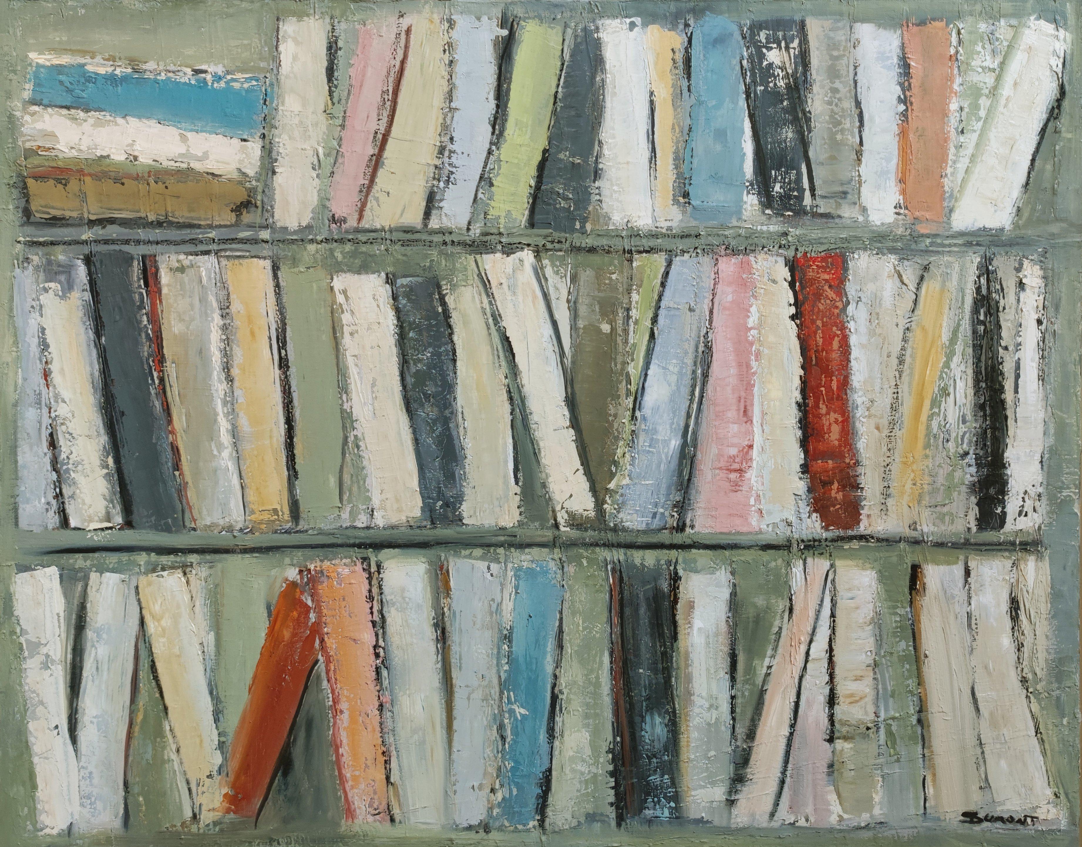 library 7, abstract expressionism, library, contemporary, textured, books - Contemporary Painting by SOPHIE DUMONT