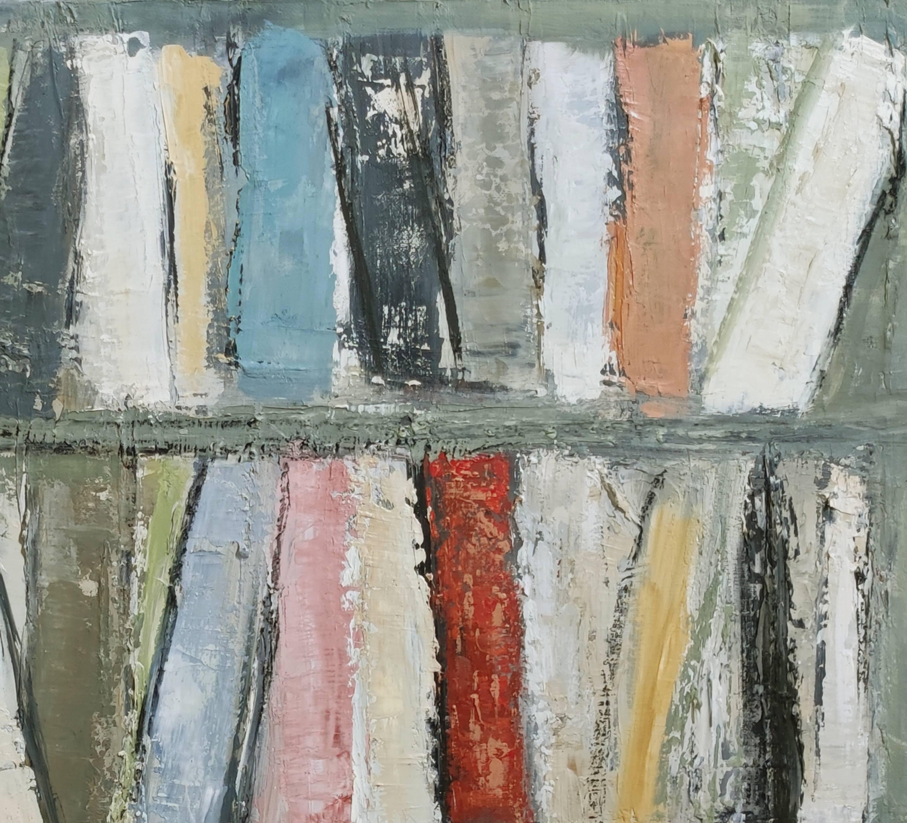 Scrivi il quadro o dipingi la letteratura. Un tavolo per guardare il libro in modo diverso.
Attraverso questo quadro di libri astratti e colorati presentati in una biblioteca, l'artista ci comunica la sua passione per questi due mondi riuniti in un