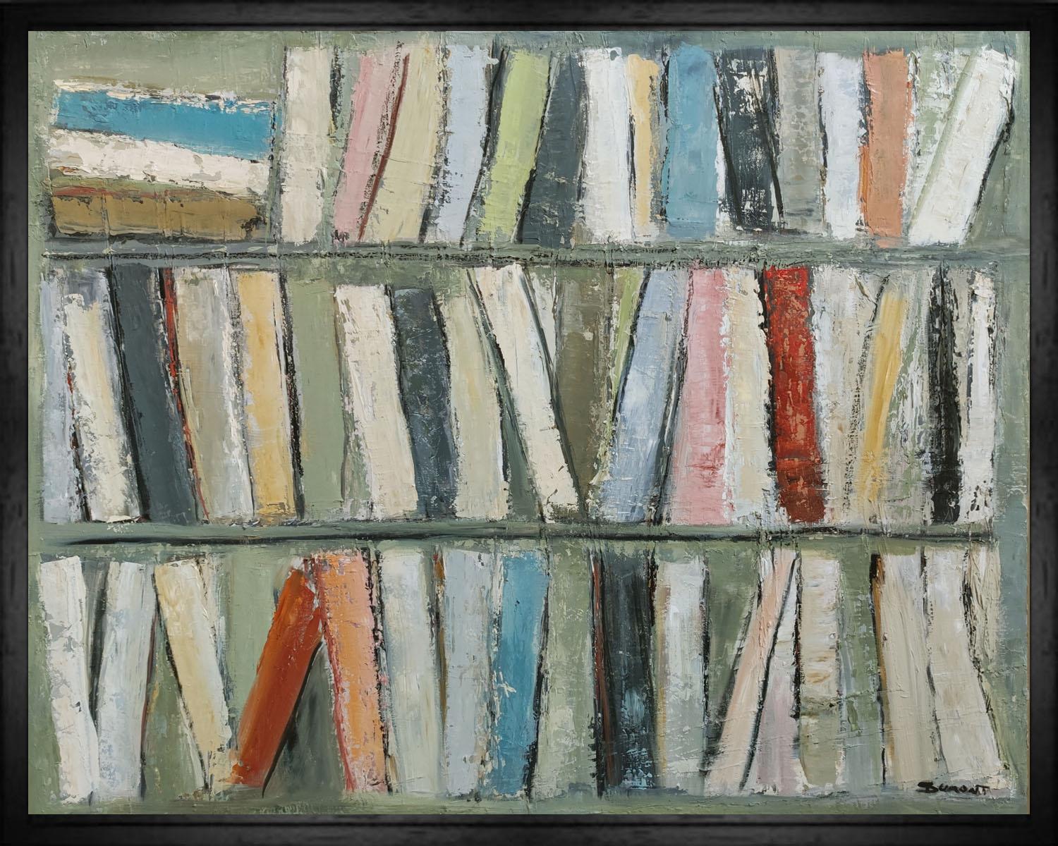 library 7, abstract expressionism, library, contemporary, textured, books - Painting by SOPHIE DUMONT