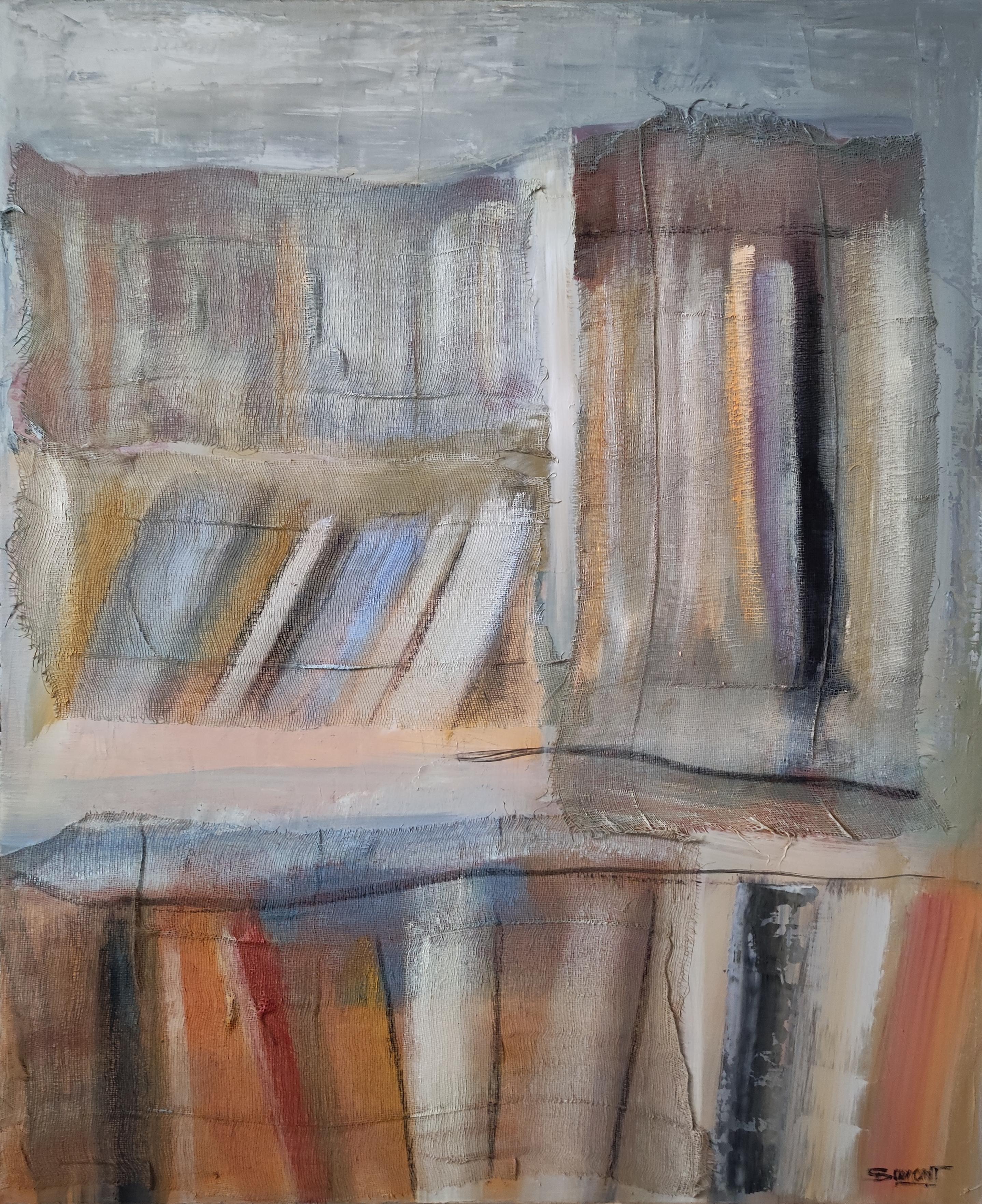 library 8, abstract, collage, books, oil on canvas, minimalism, expressionism - Painting by SOPHIE DUMONT