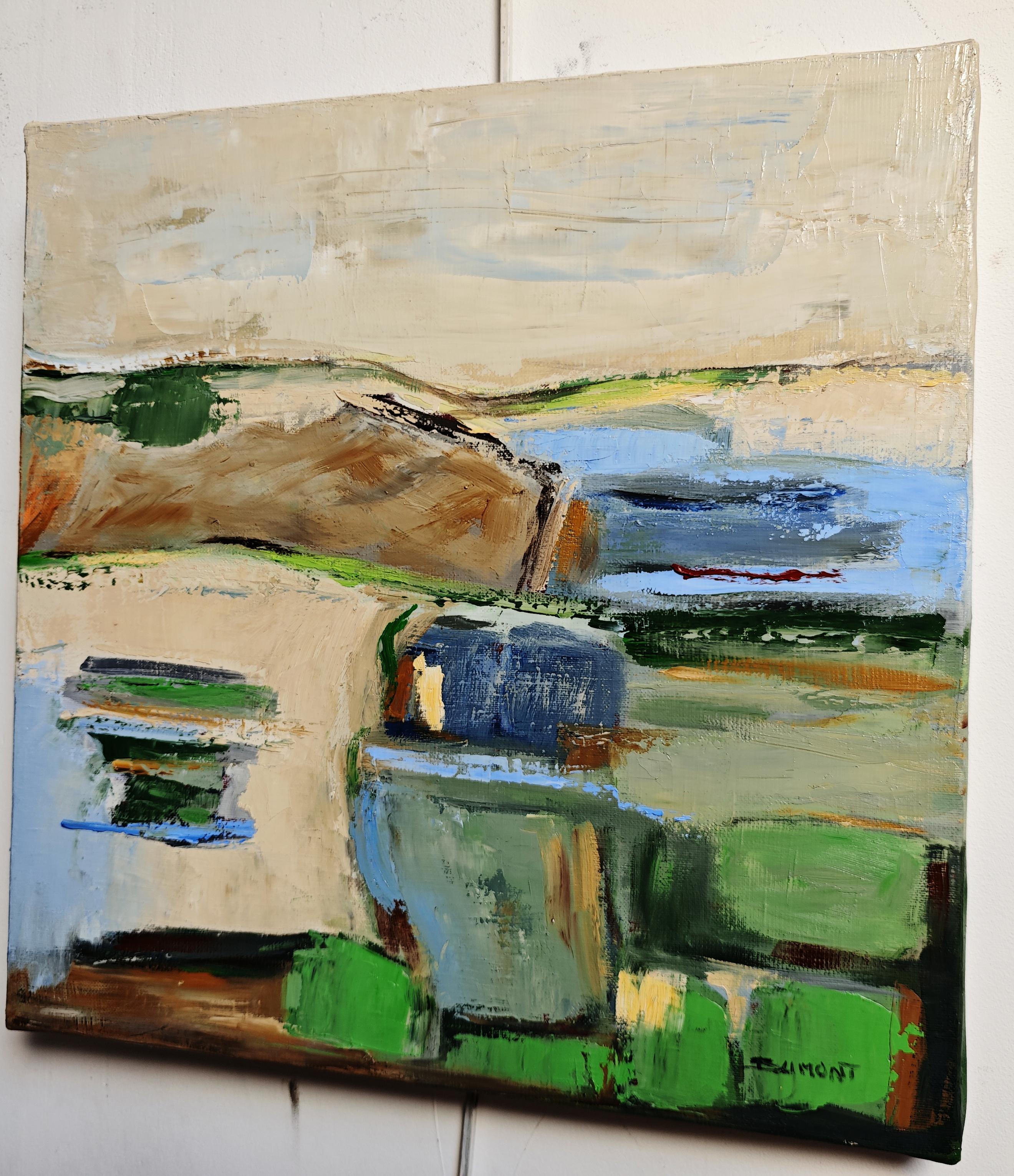 In Light of the Hills, Sophie Dumont, a French contemporary painter, captures the serene rhythm of an abstract landscape built through subtle layers of oil paint.
Soft greens, ochres, and muted blues blend into one another, evoking the memory of