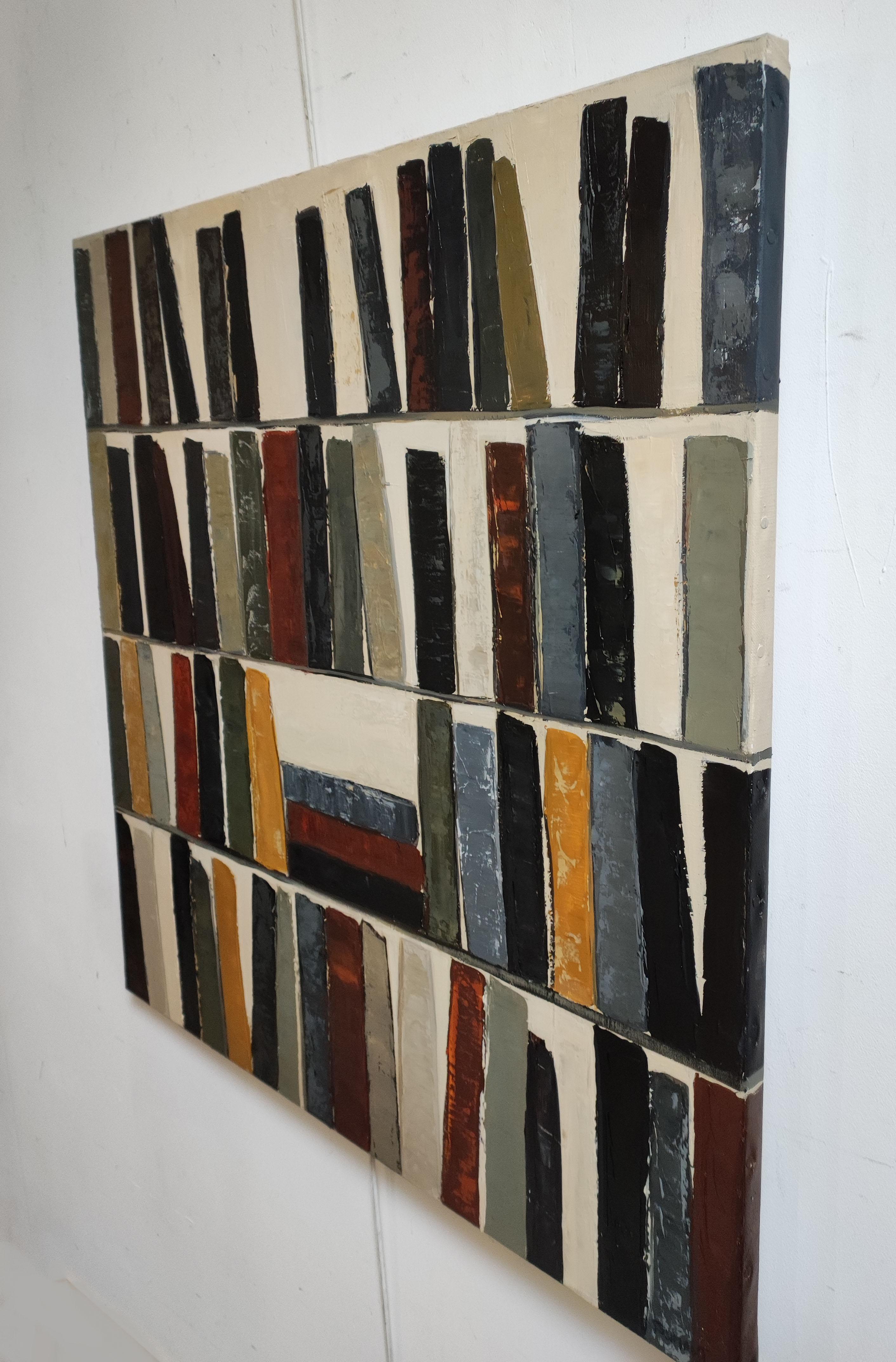 French contemporary painter Sophie Dumont

In Lignes de Lecture, Sophie Dumont explores the library as an inner landscape. The painting unfolds through a rhythm of vertical forms suggesting book spines — not as objects, but as silent structures