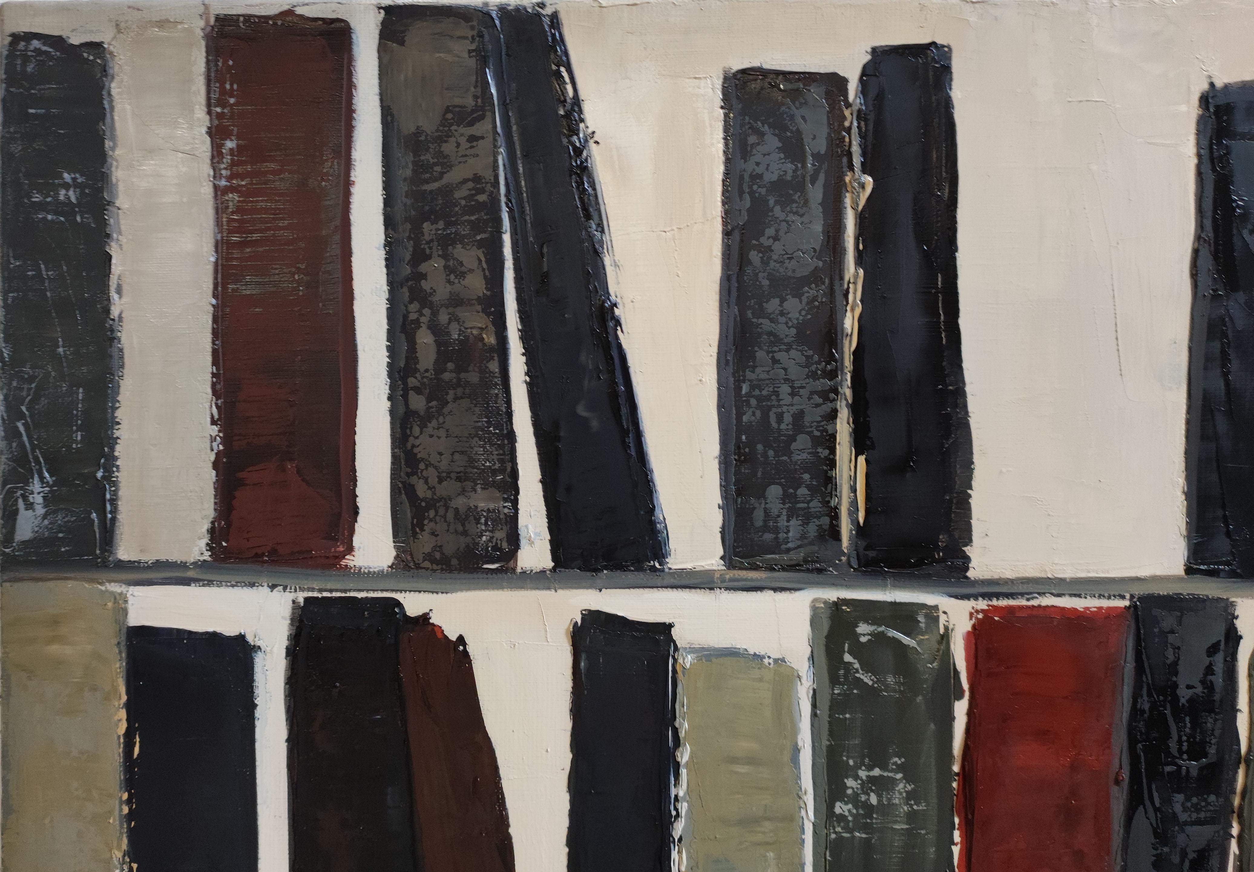 Lignes de lecture- Textured Oil Painting, Geometric, Abstract library, French im Angebot 1