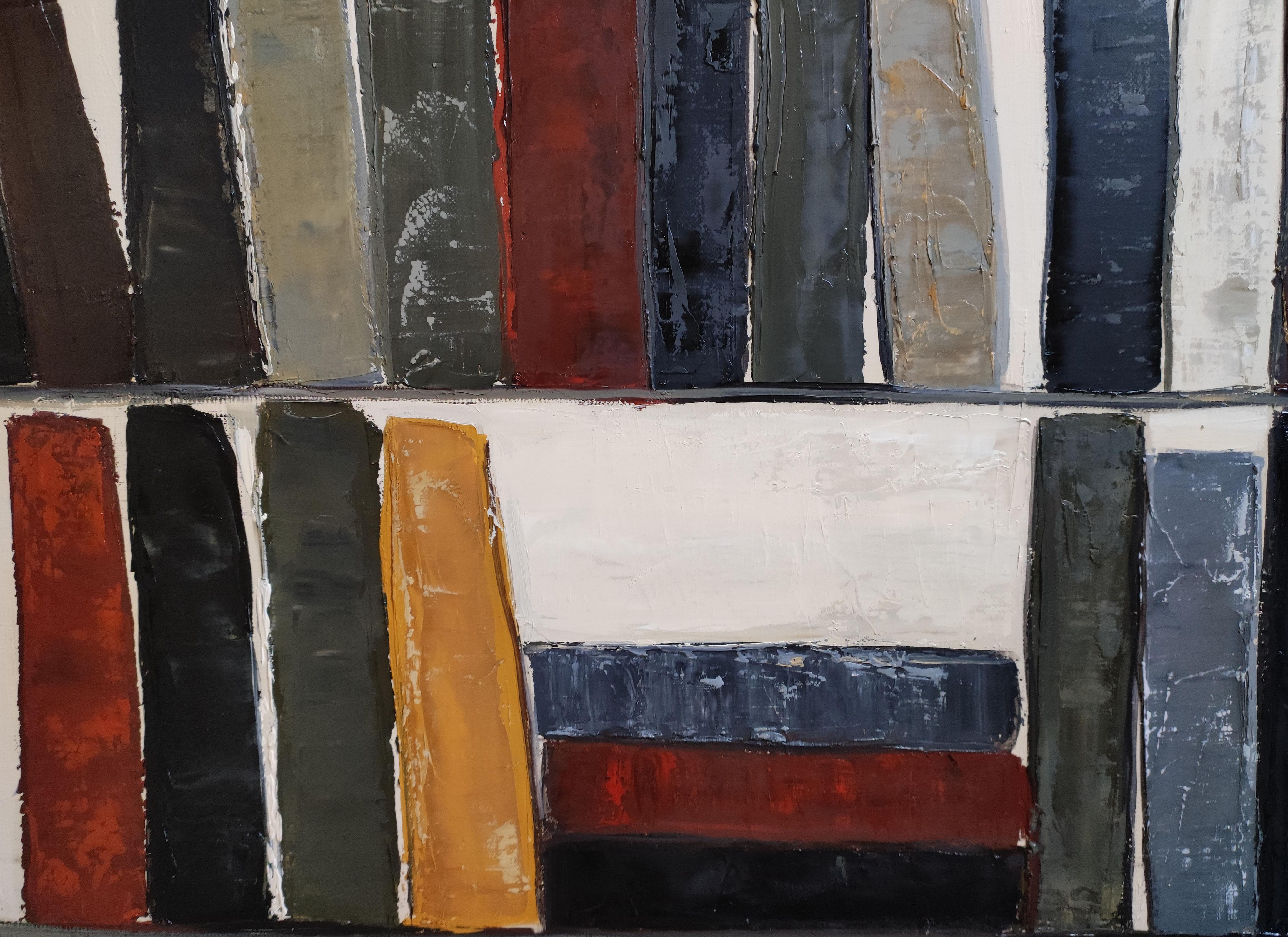 Lignes de lecture- Textured Oil Painting, Geometric, Abstract library, French im Angebot 2