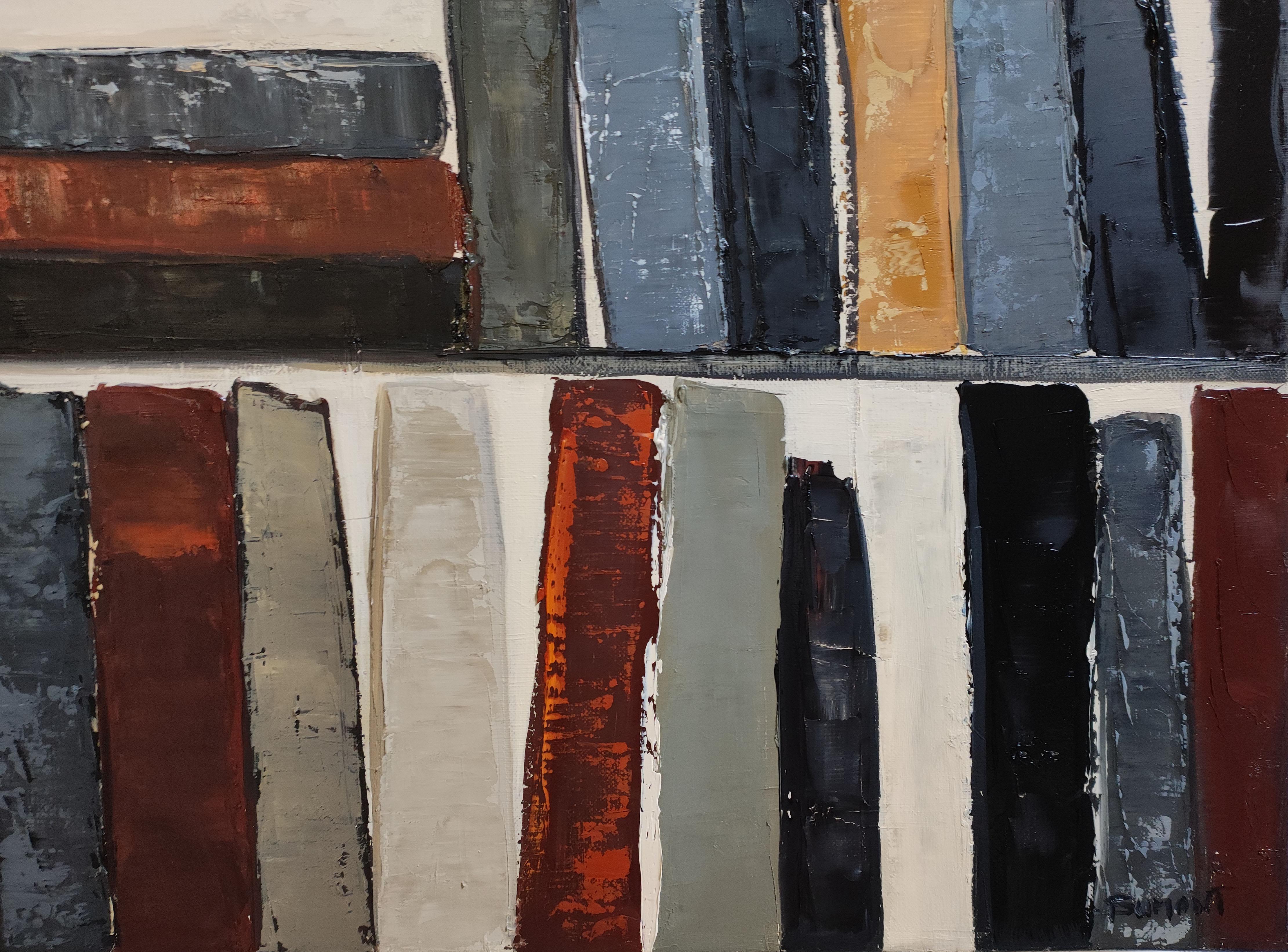 Lignes de lecture- Textured Oil Painting, Geometric, Abstract library, French im Angebot 4