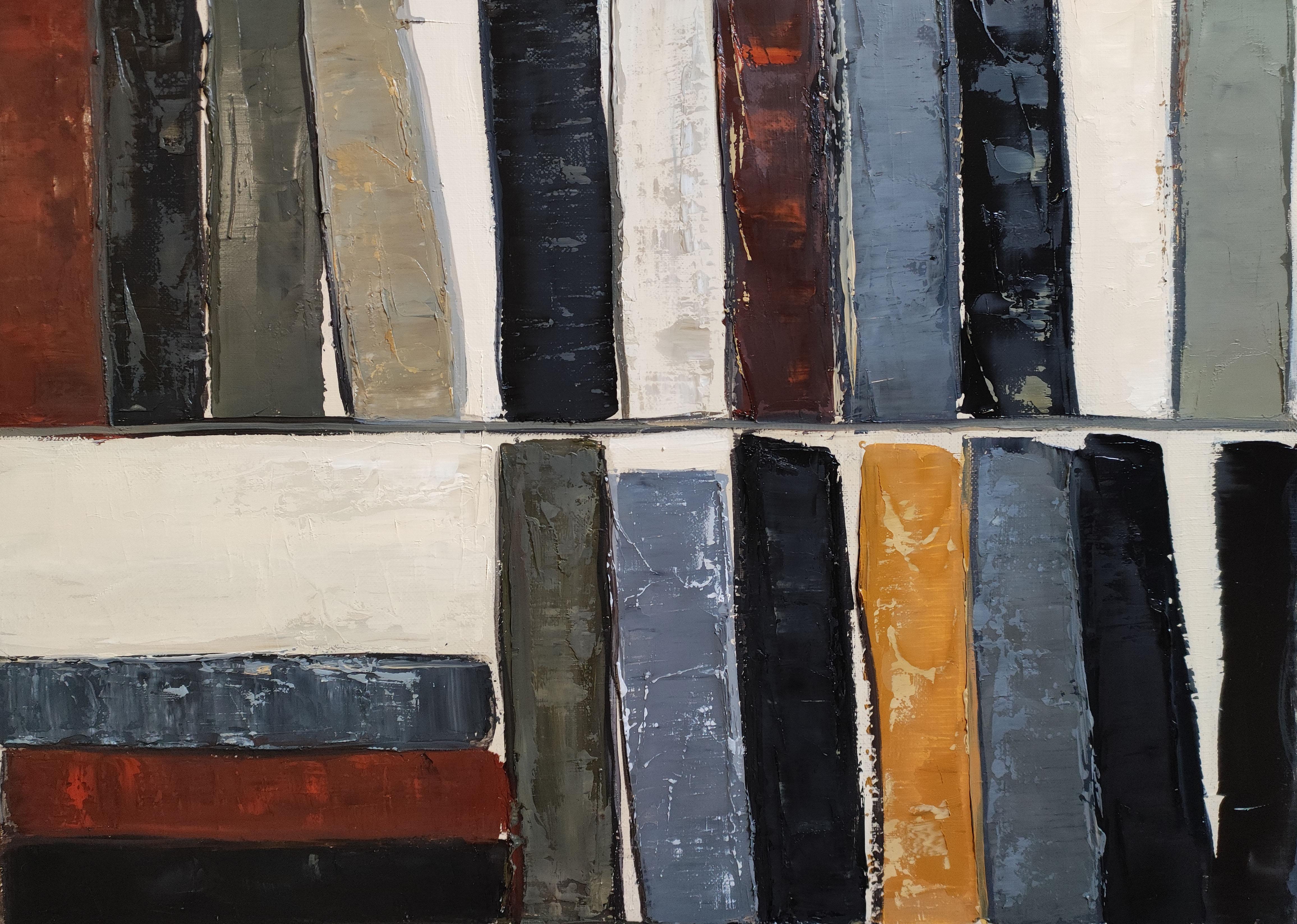 Lignes de lecture- Textured Oil Painting, Geometric, Abstract library, French im Angebot 5