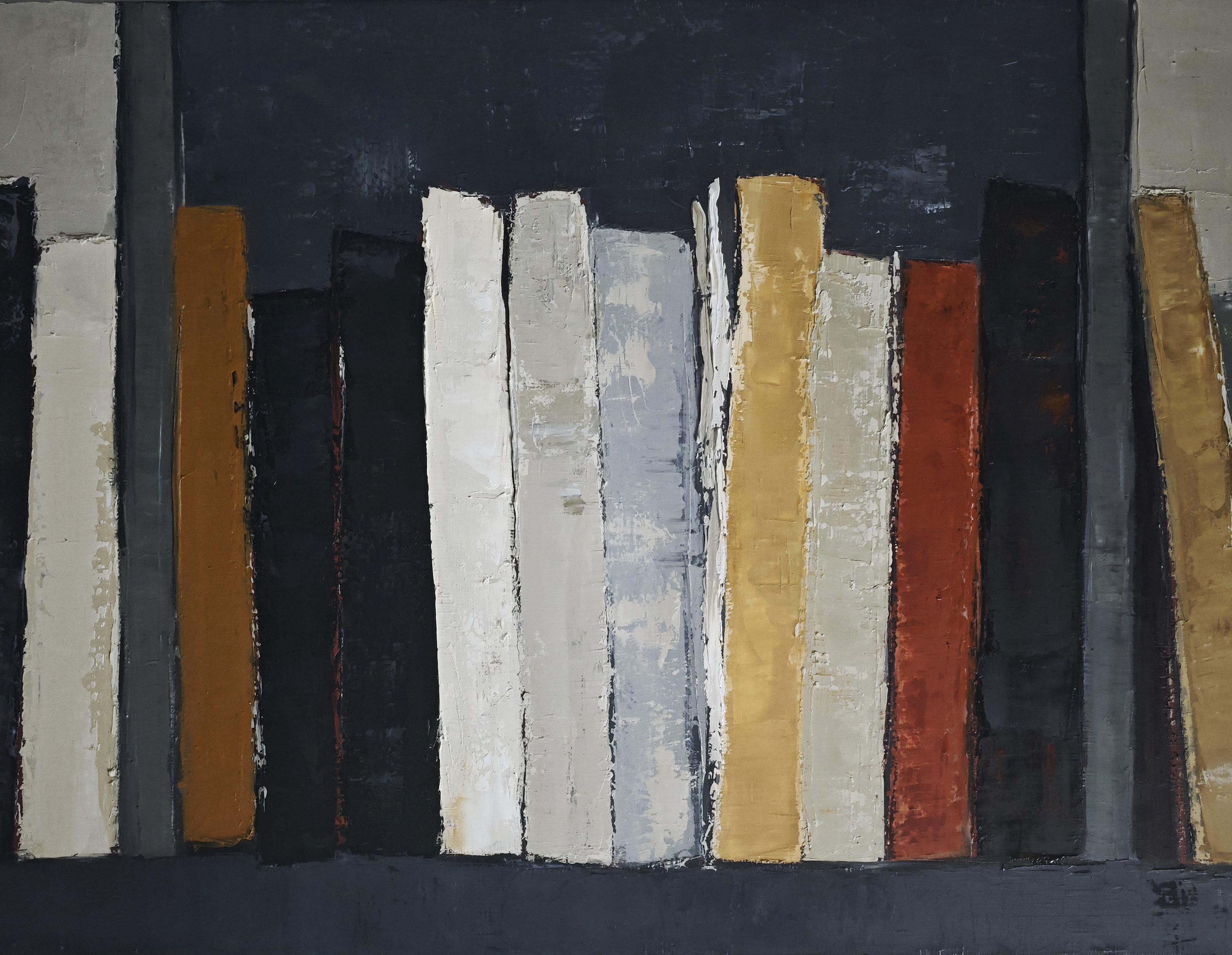 Lignes de pensée, Abstract, Black Library, Expressionism Contemporary, Oil For Sale 1