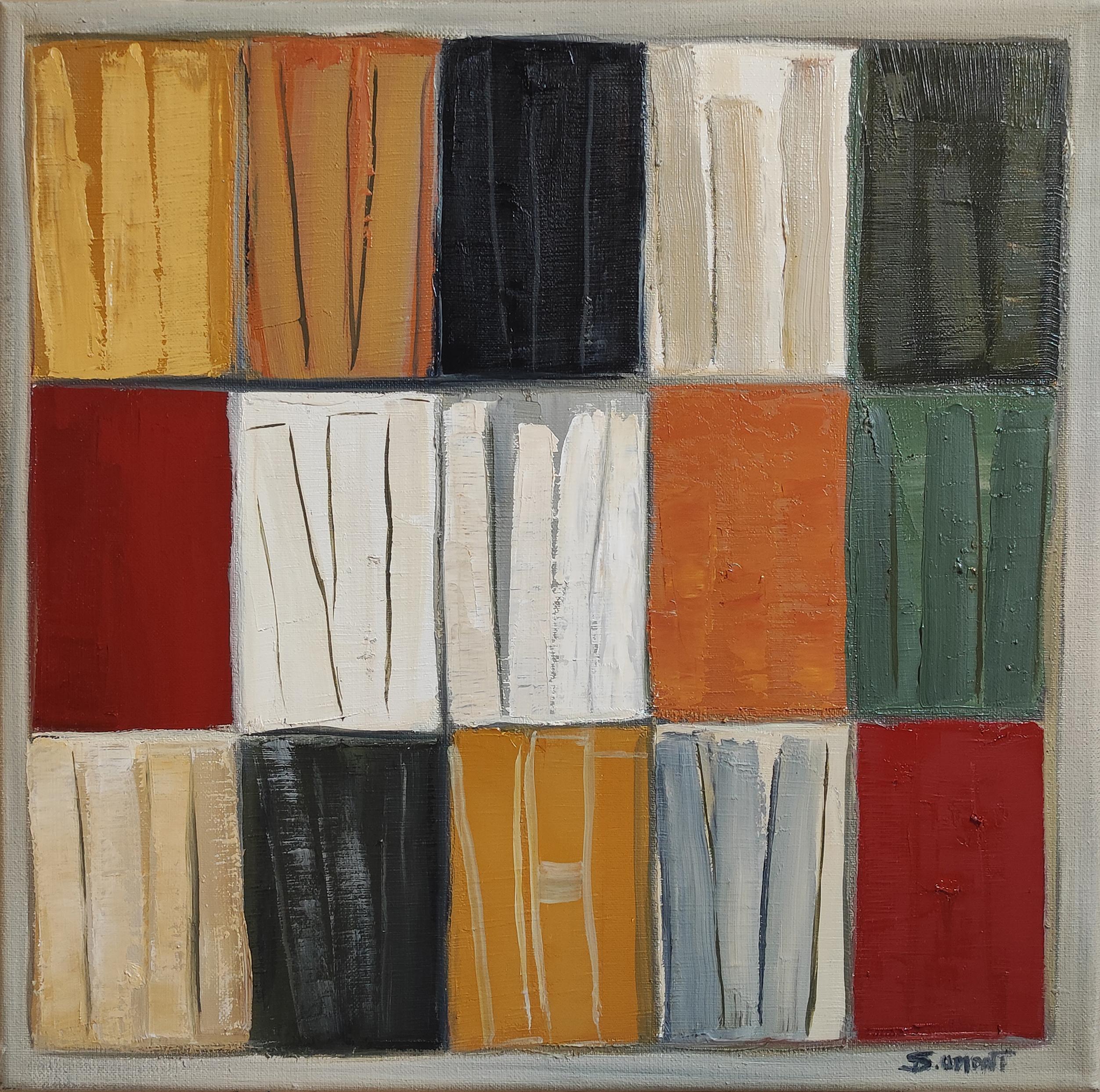 Mosaico letterario, Biblioteca astratta, Geometrico, Contemporaneo, Olio, Libri, Moderno - Still-Life Painting Marrone di SOPHIE DUMONT