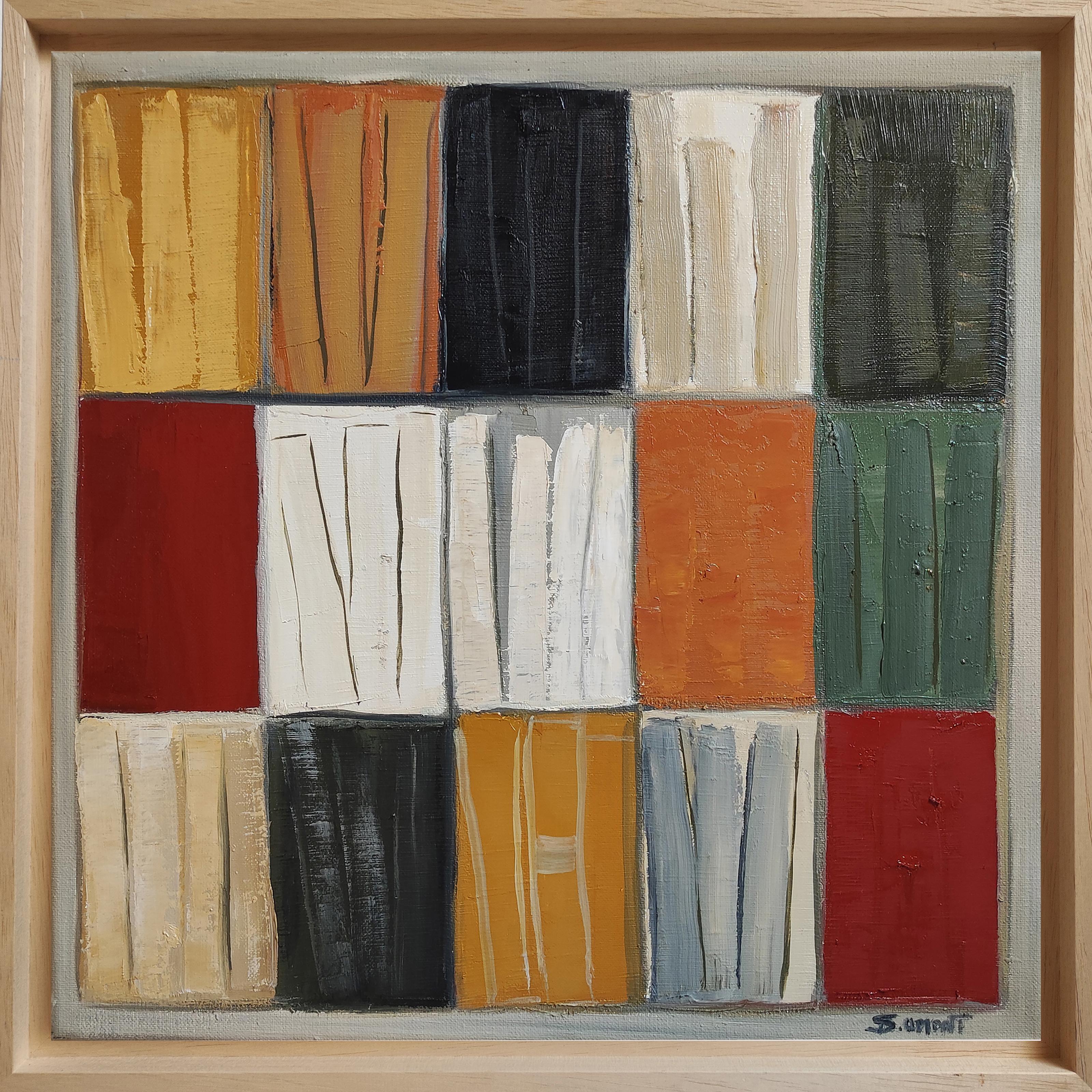 Mosaico letterario, Biblioteca astratta, Geometrico, Contemporaneo, Olio, Libri, Moderno - Painting Astratto di SOPHIE DUMONT