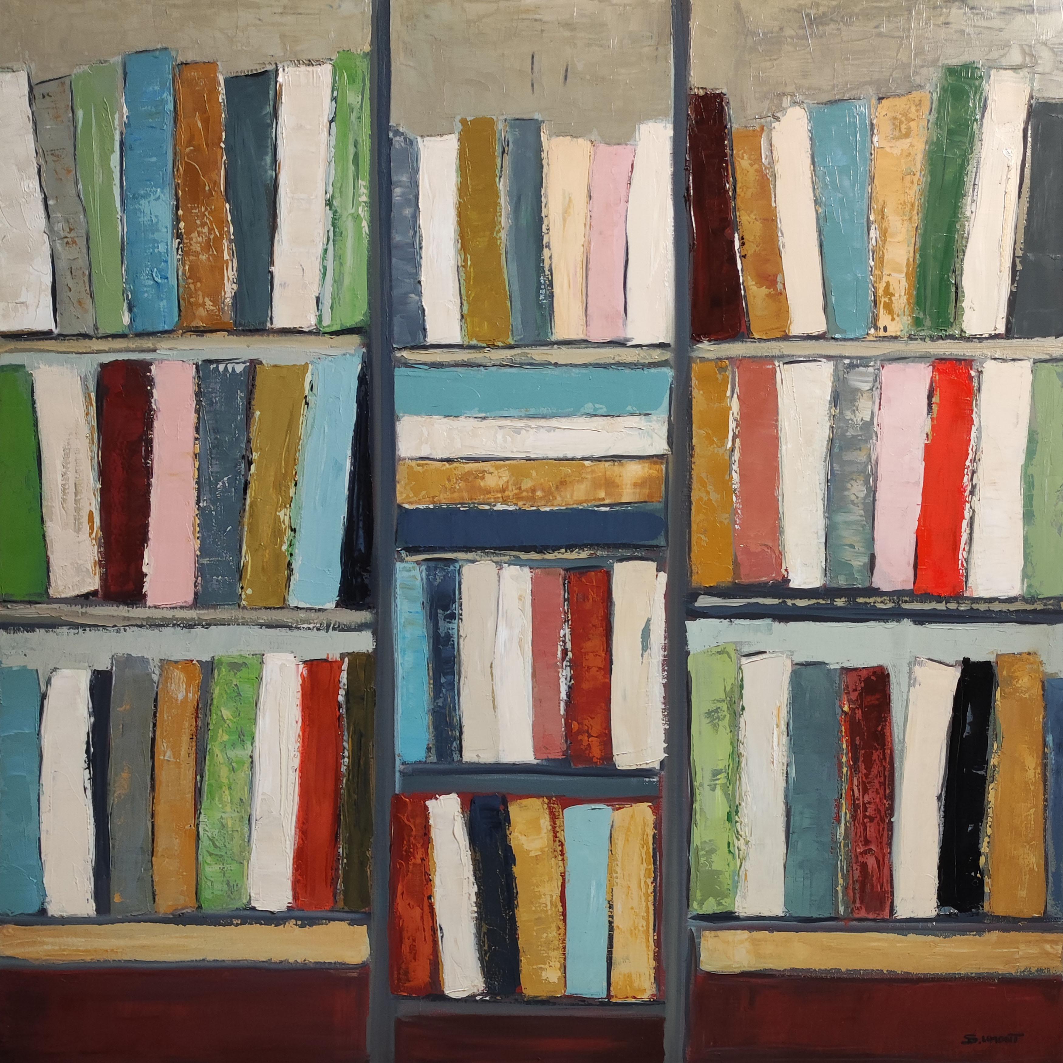 de Sophie Dumont propose une exploration de la convergence entre la littérature et les arts visuels. La toile représente une bibliothèque avec des livres colorés, peints à l'huile à l'aide d'un couteau à palette, où le livre devient moins un objet