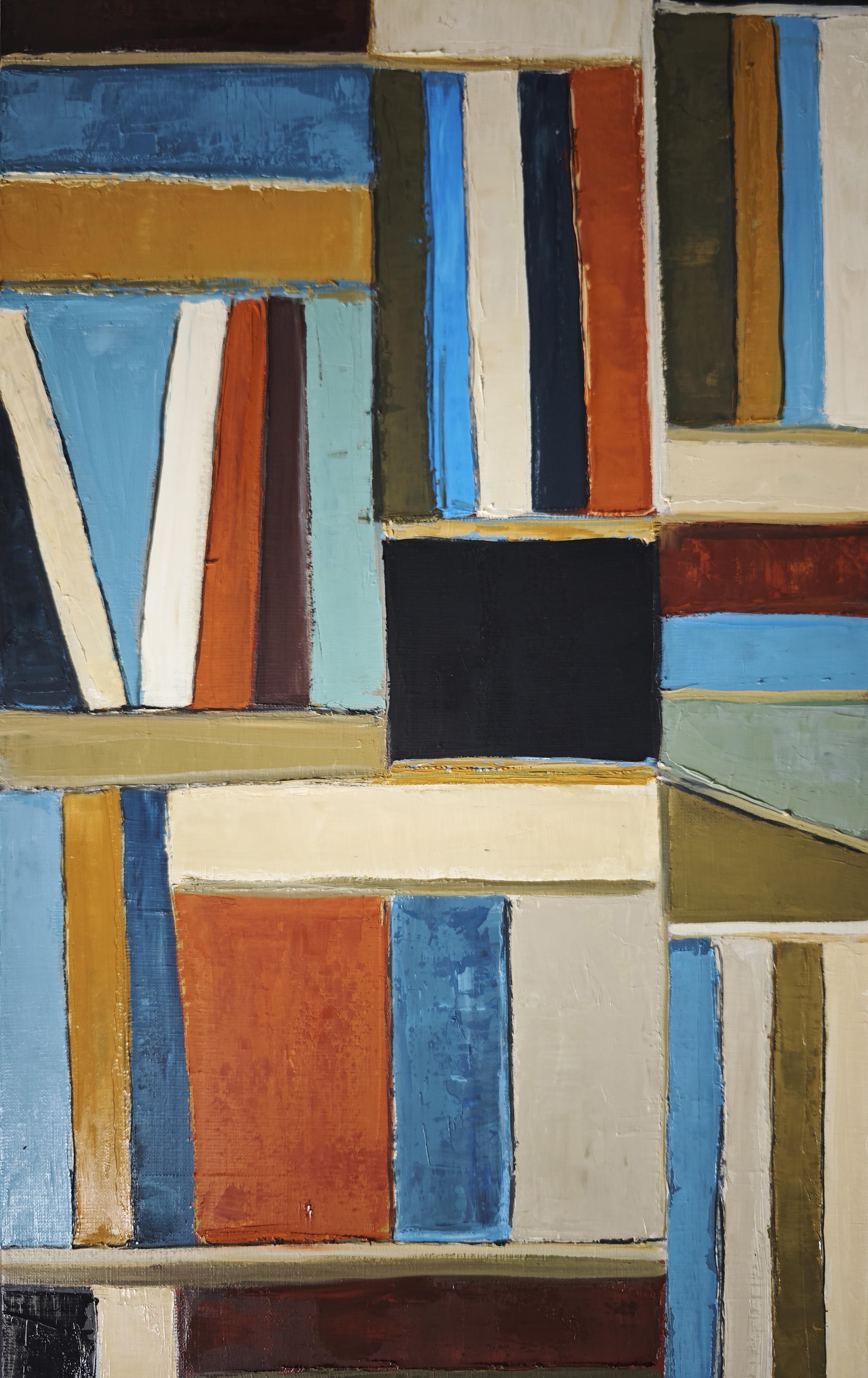 In Livres en Dialogue (Books in Dialogue), Sophie Dumont explores the abstract universe of the library through a panoramic composition, where colorful volumes become voices intertwined in a silent conversation. Books, standing tall like columns or