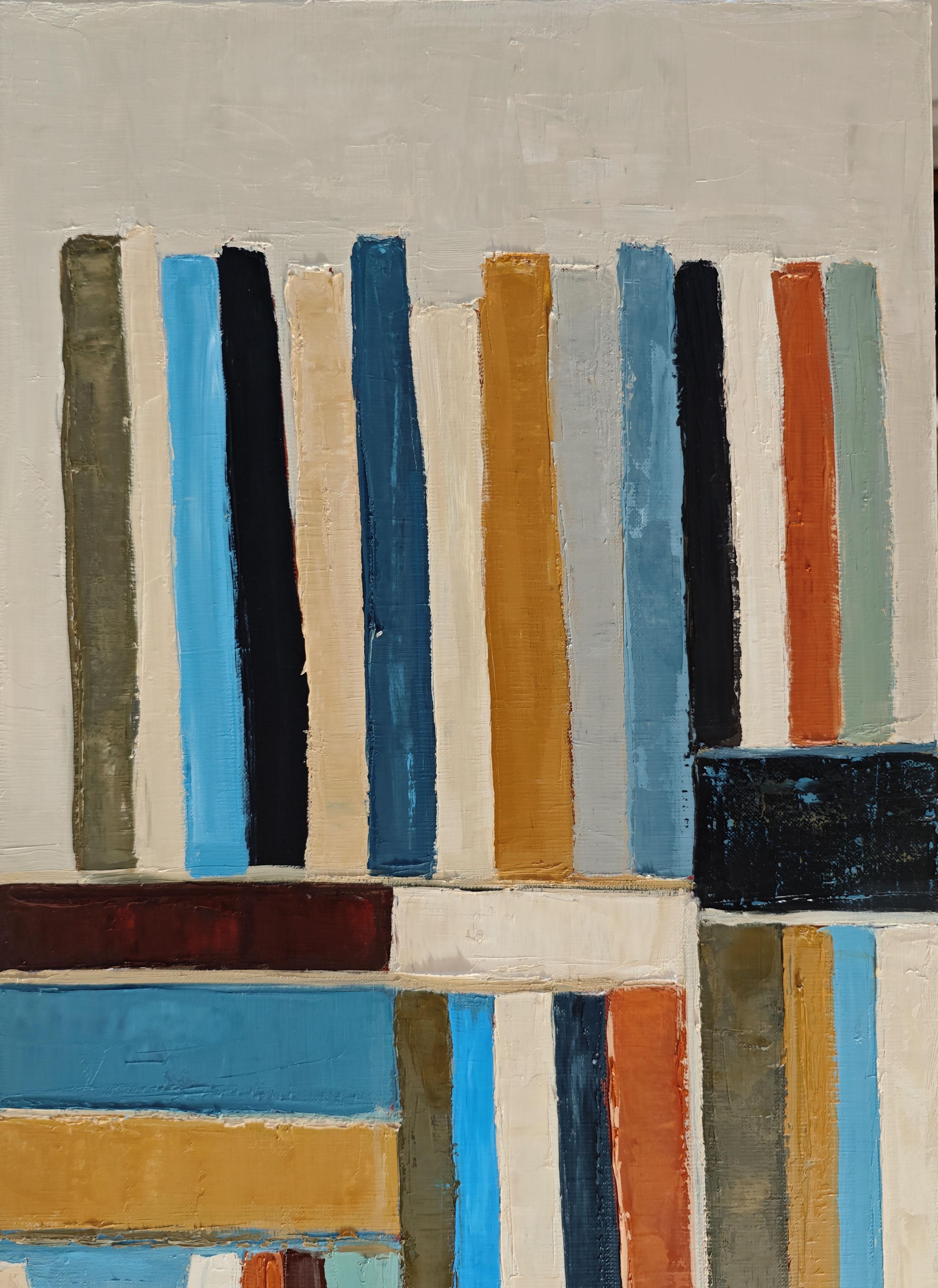 120 x 40 cm (47.2 x 15.7 in) unframed, or 127 x 47 cm (50 x 18.5 in) framed
📍 Available with natural wood or black floating frame, at the collector’s choice.

In Livres en Dialogue (Books in Dialogue), Sophie Dumont explores the abstract universe