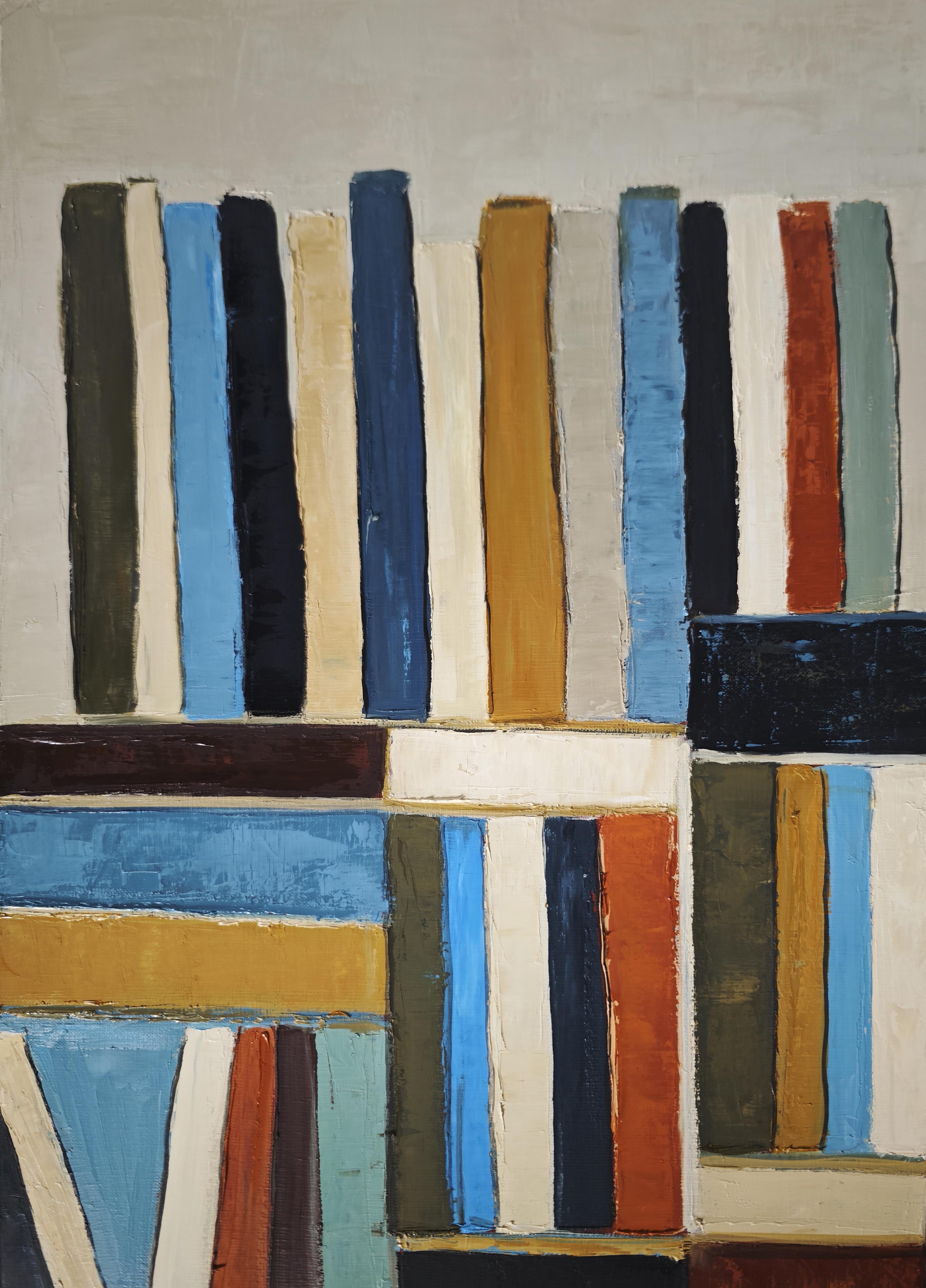 Livres en dialogue, Abstract Library, Large geometric Contemporary, Oil painting - Abstract Geometric Painting by SOPHIE DUMONT